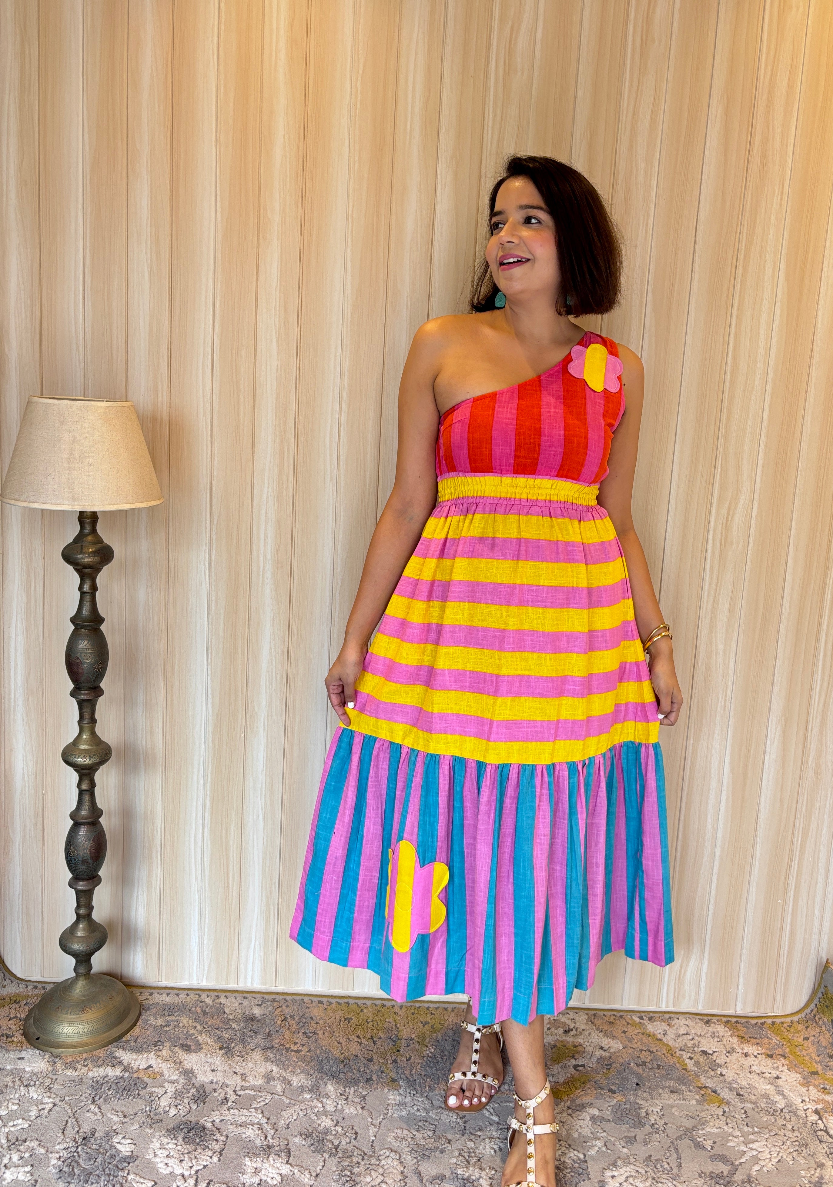 One-Shoulder Appliqué StripedDress image 3