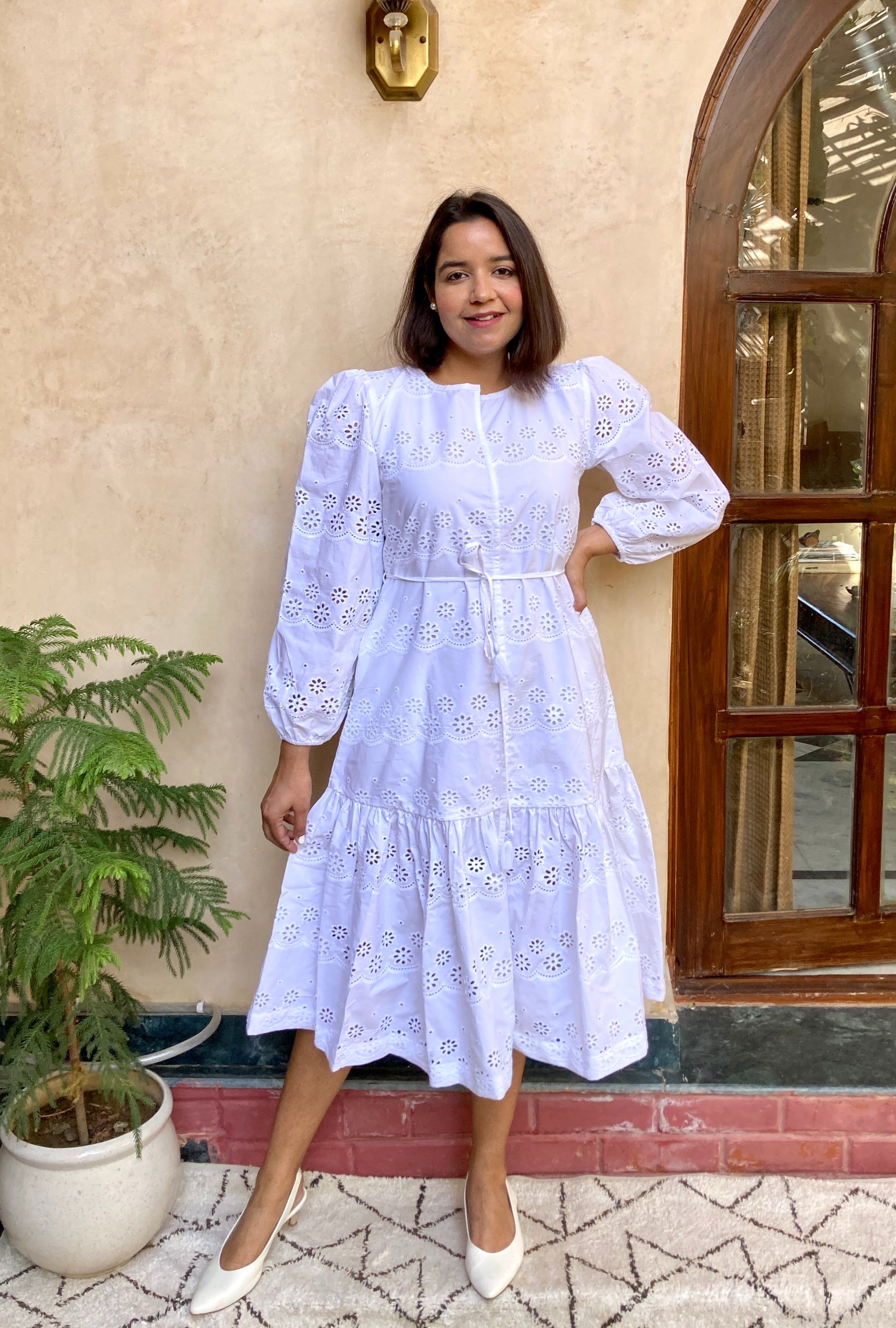 White Schiffli Midi Dress image 0