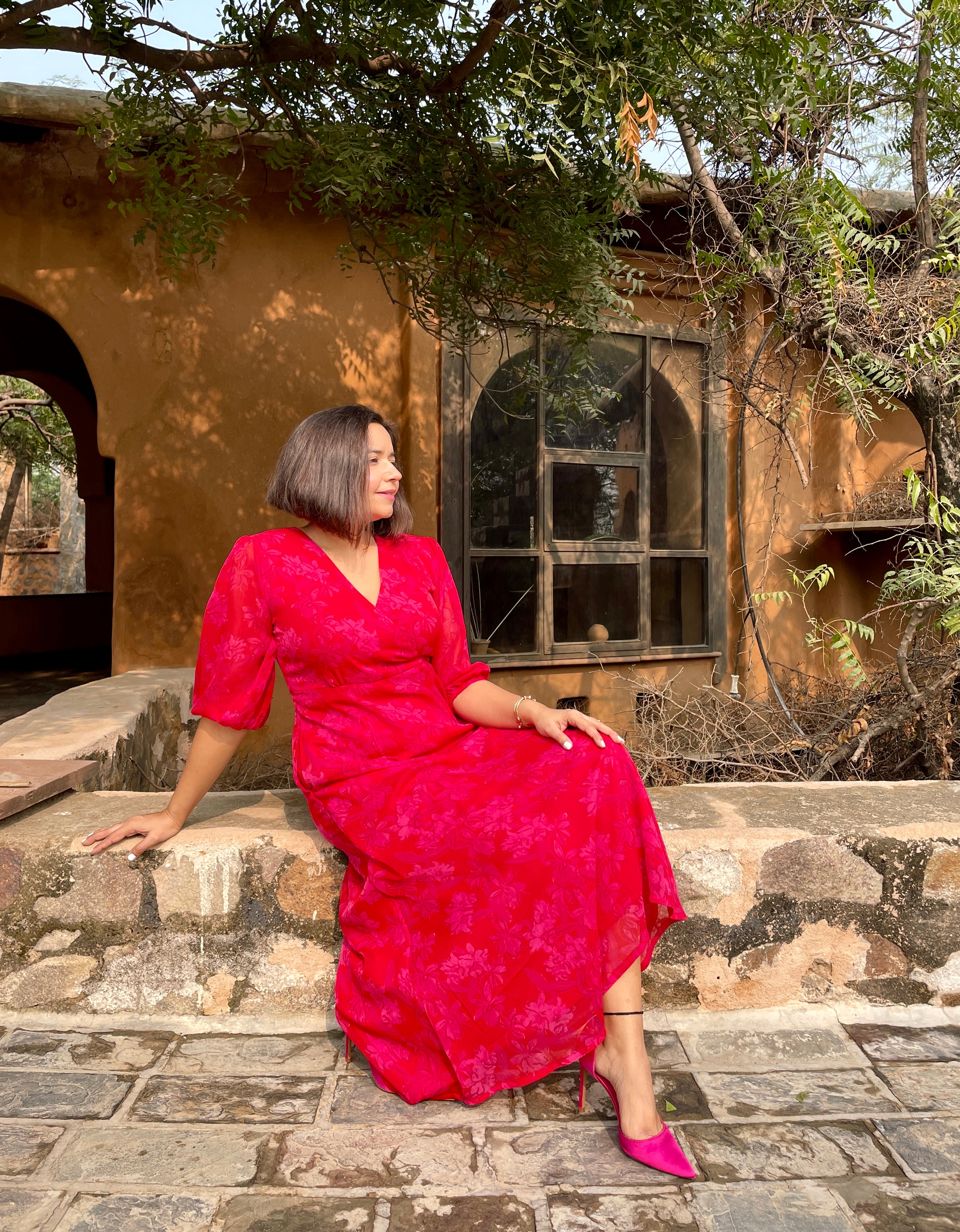 Red Floral Printed Midi Dress image 5