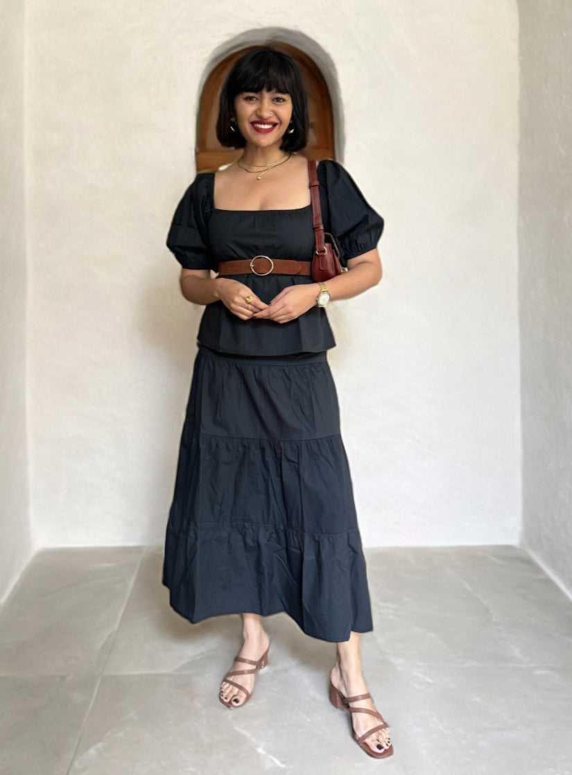 Black Cotton Tiered Skirt Co-ord Set image 0