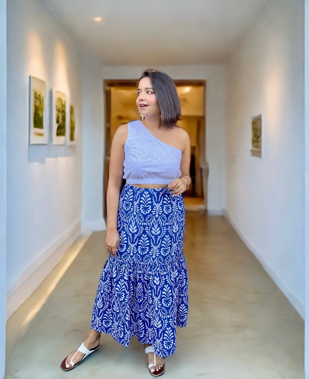 White Schiffli Top and Blue Skirt Coord Set image 0