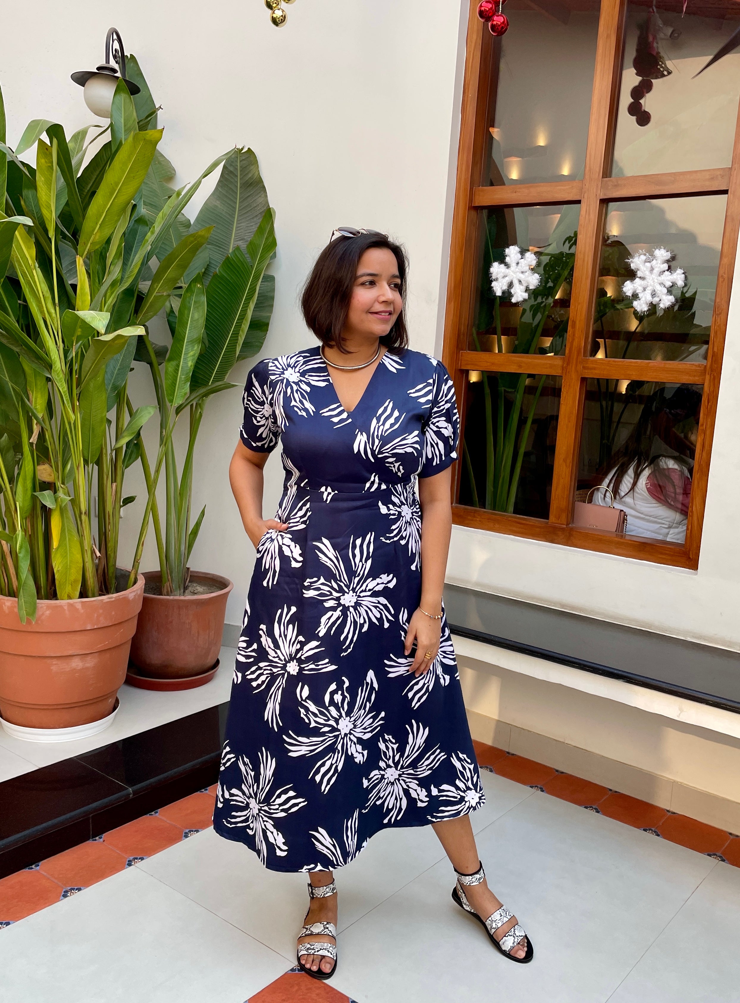 Navy Blue Floral Printed Midi Dress image 6