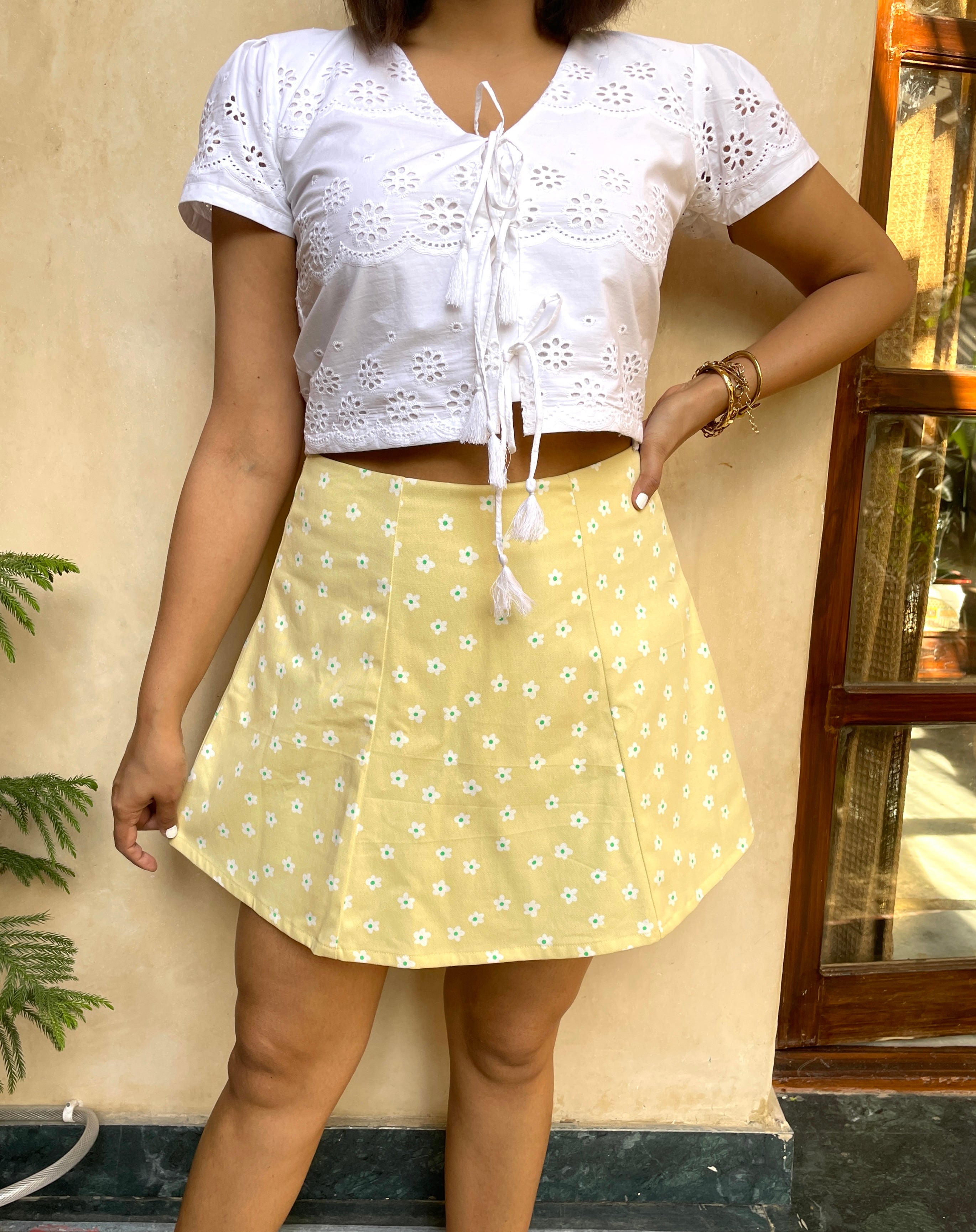 White Schiffli Top and Yellow Skorts Coord Set image 1