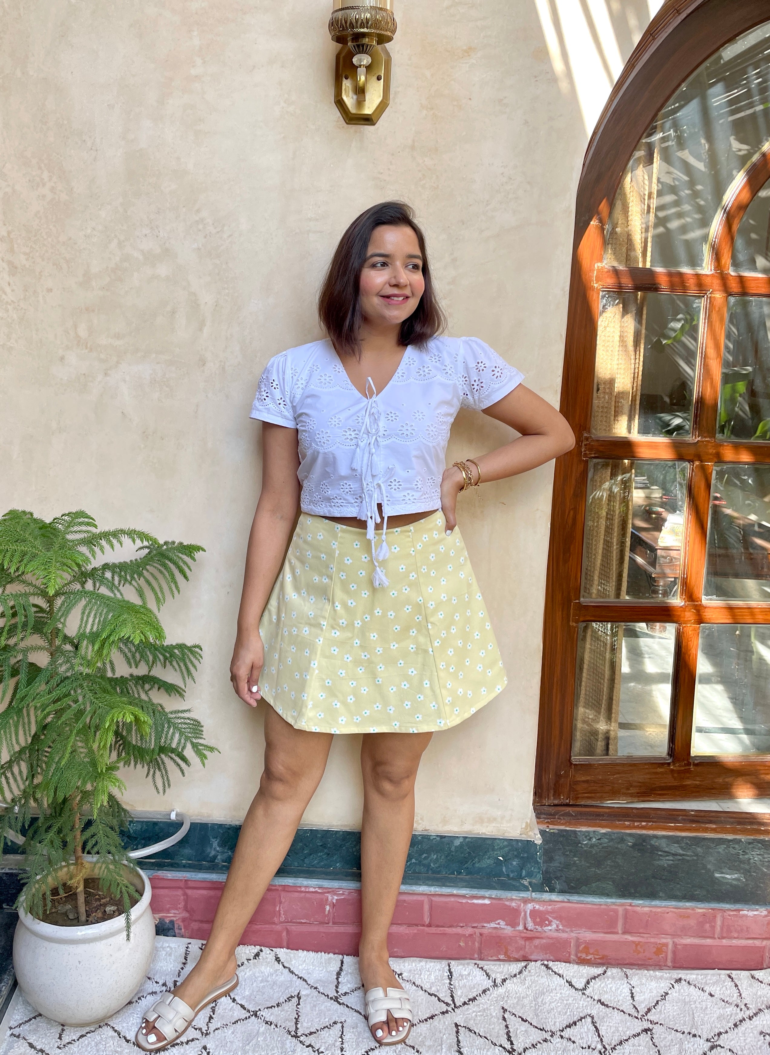 White Schiffli Top and Yellow Skorts Coord Set image 2