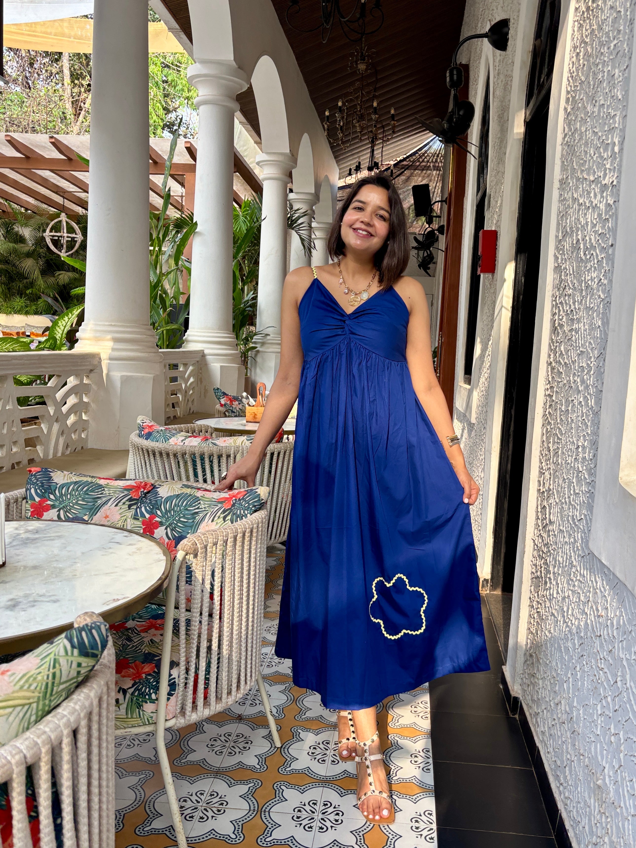 Blue Cotton Front Knot Maxi Dress for Women