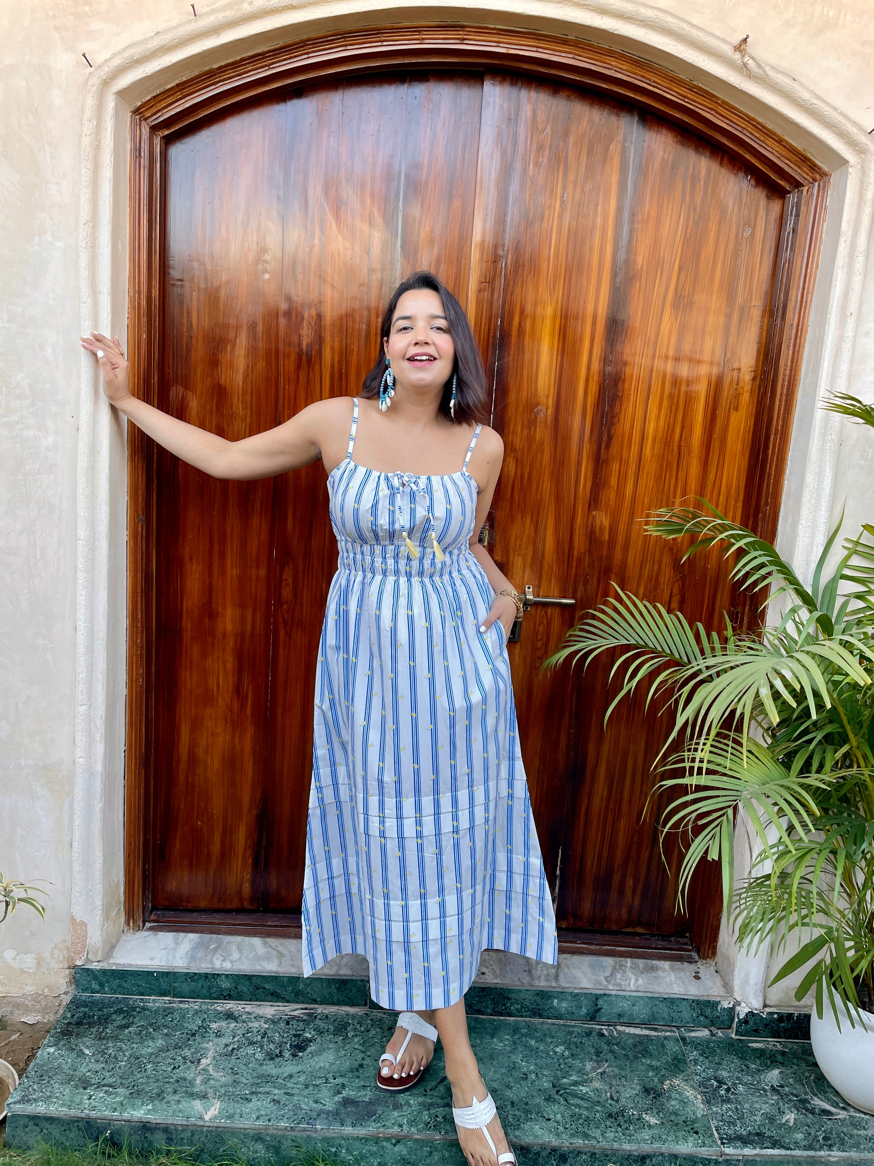 White Stripe Cinched Waist Midi Dress image 6