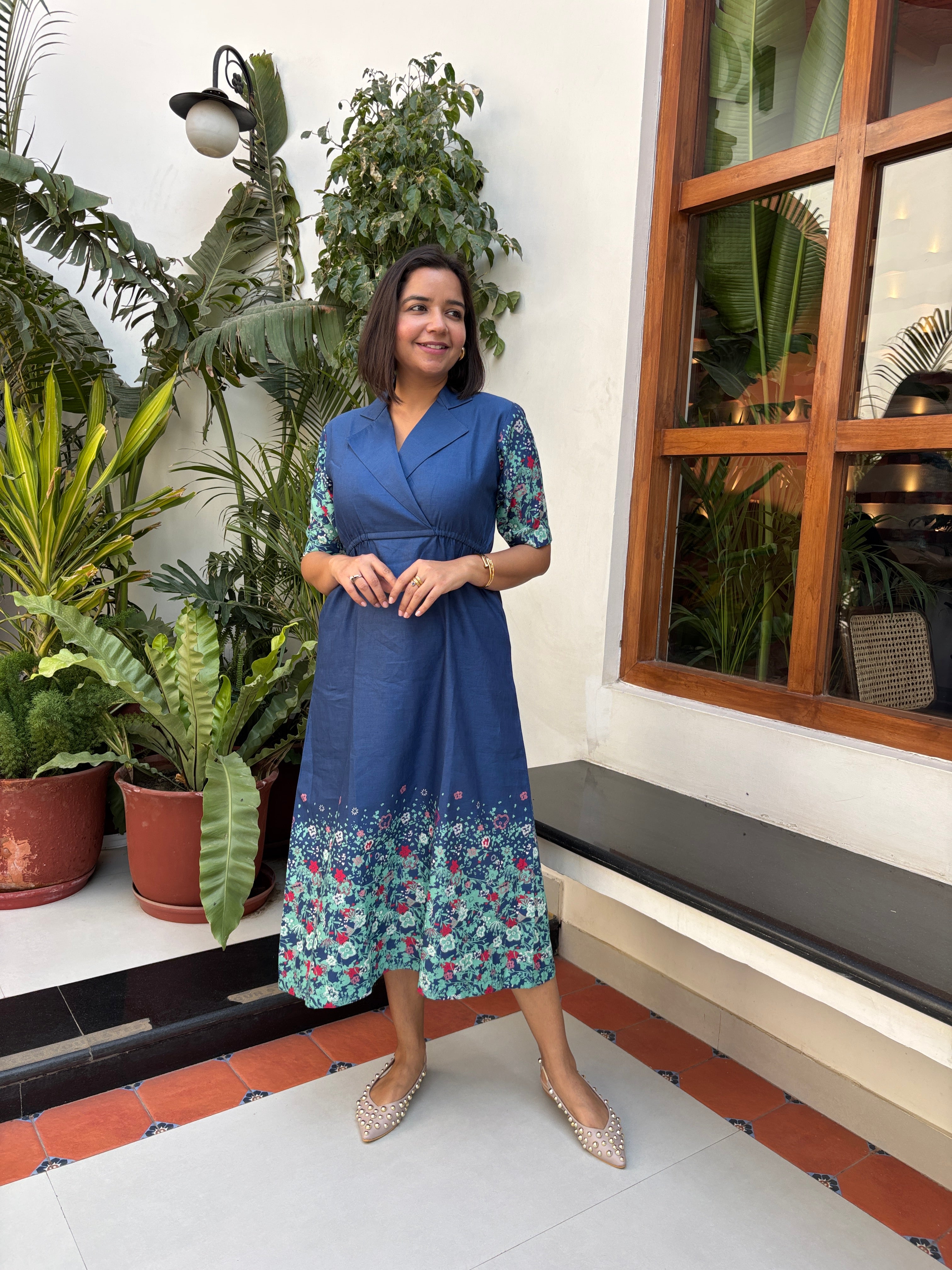 Dusky Blue Linen Printed Midi Dress image 0