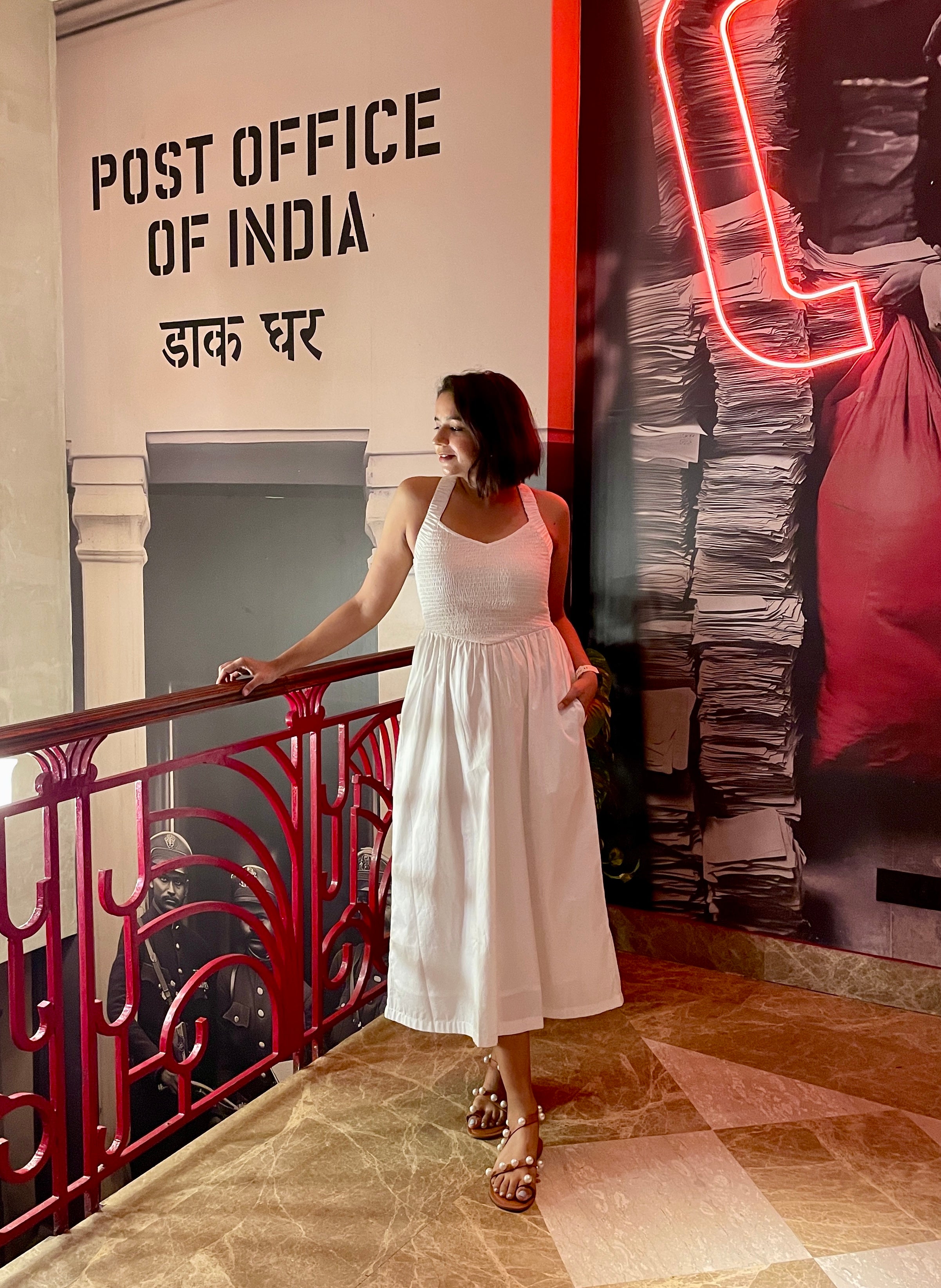 White Smocked Cotton Midi Dress with Pockets image 2