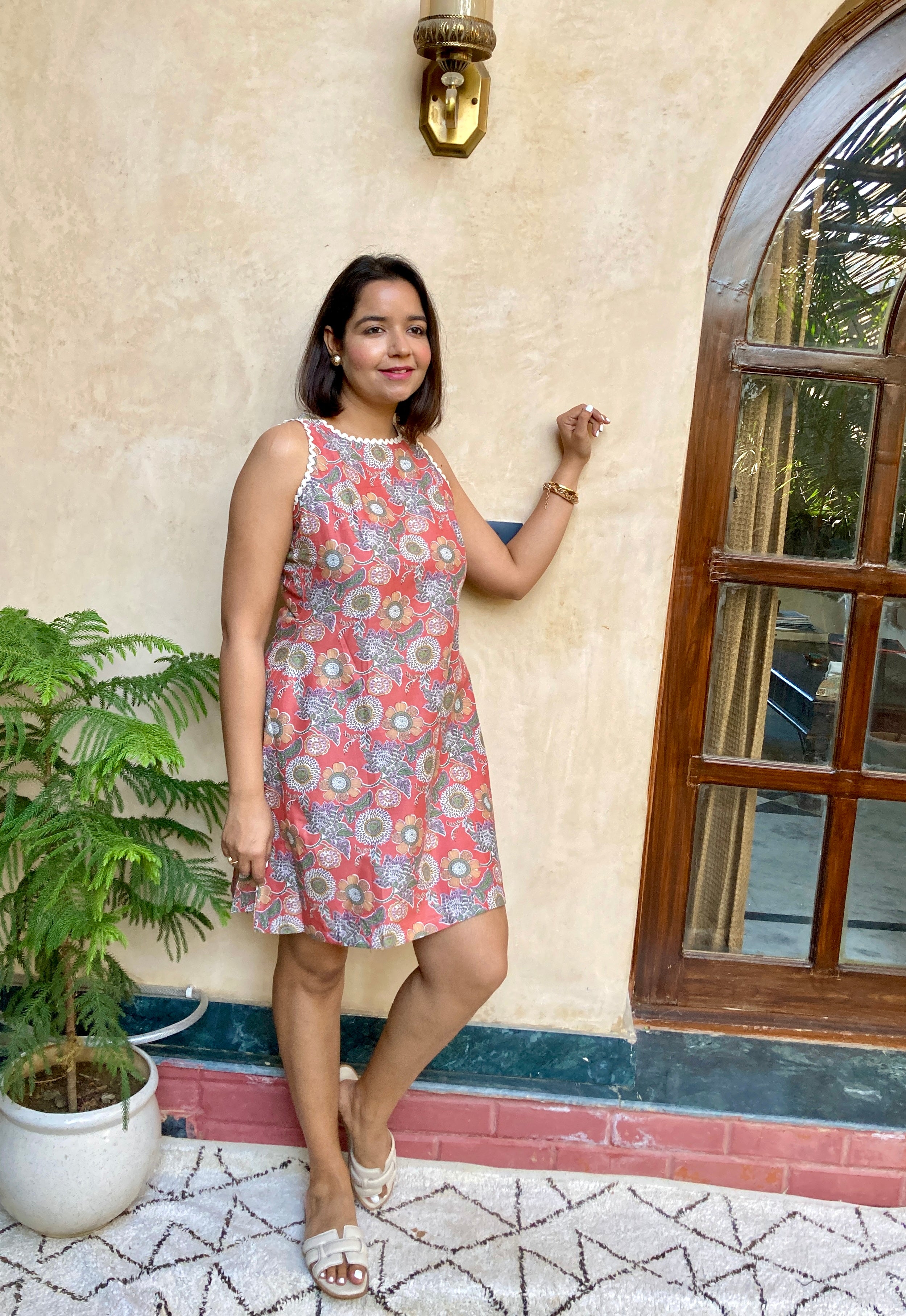 Rust Red Printed A- Line Cotton Dress image 1