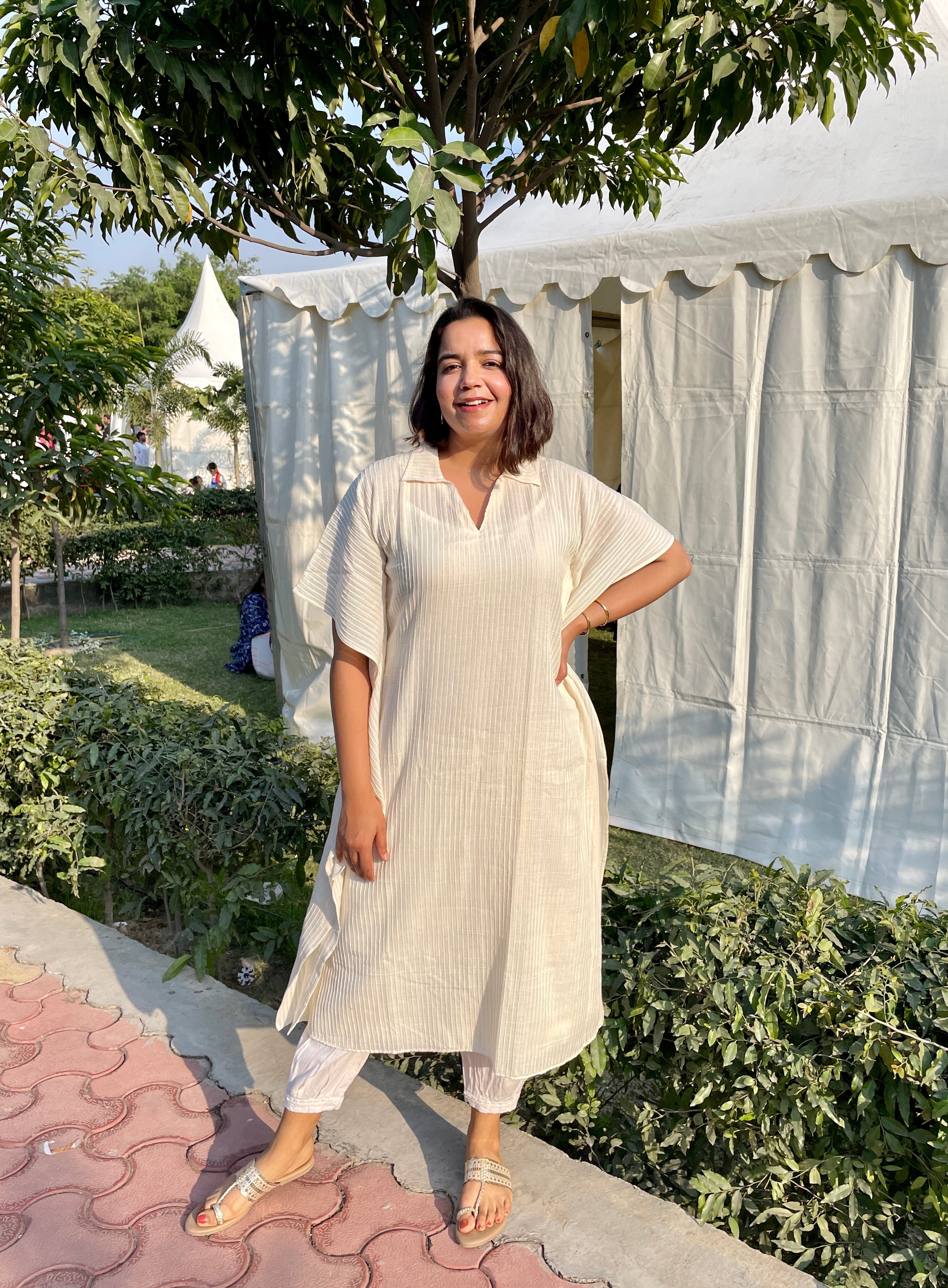 Off White Textured Kaftan Kurta image 2