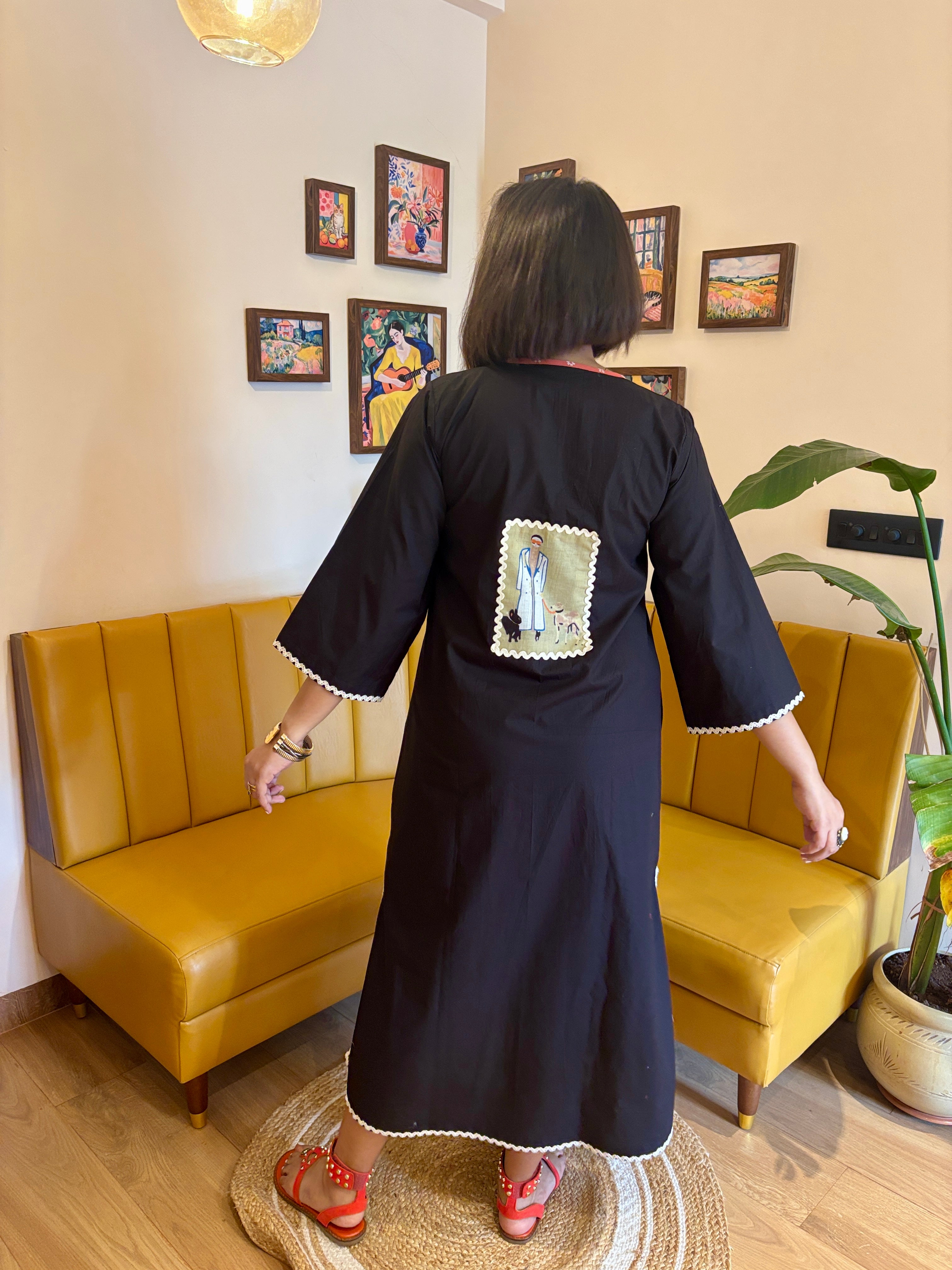 Black Cotton Quirky Applique Maxi Dress