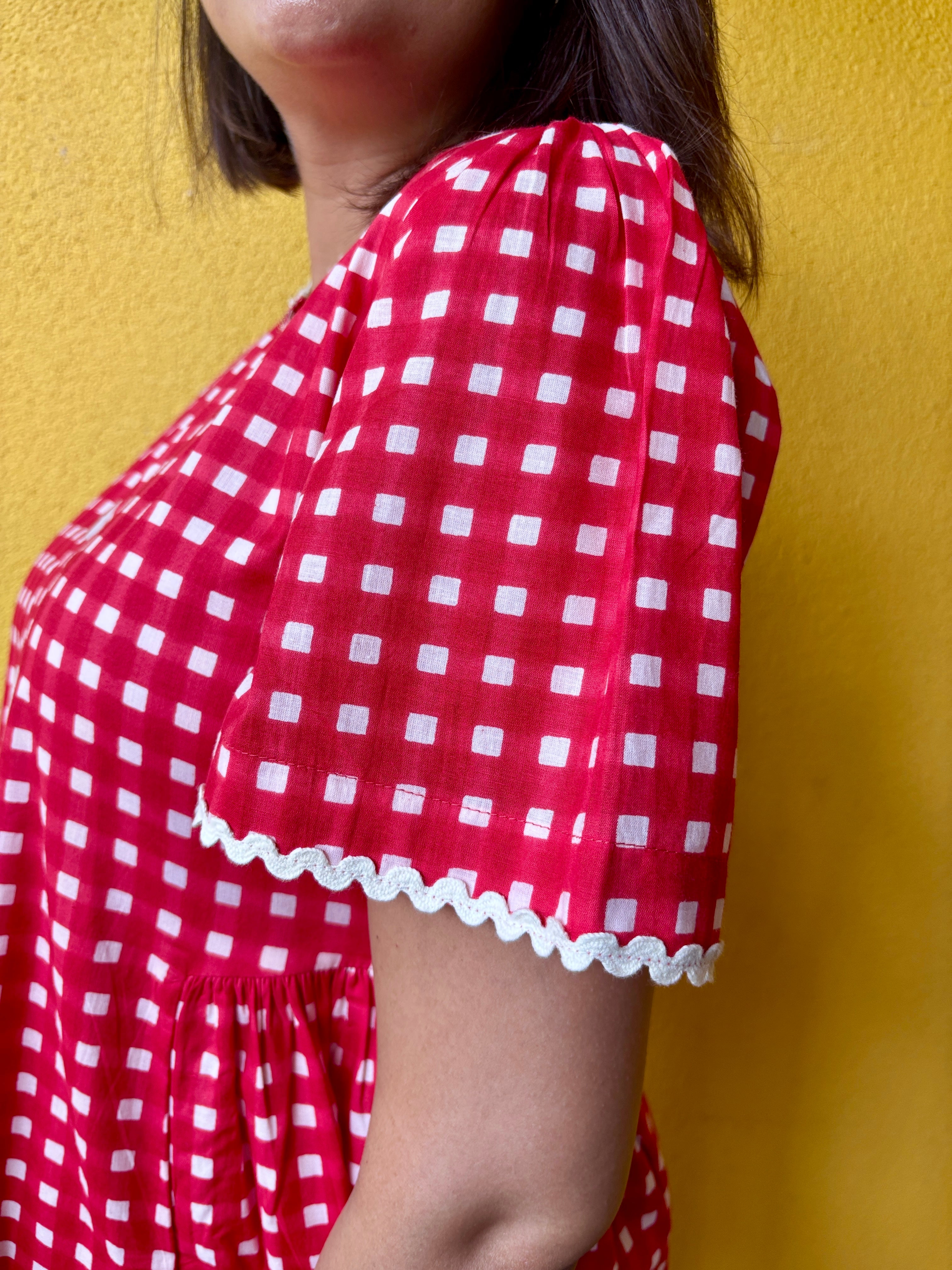 Red Gingham Cotton A Line Dress