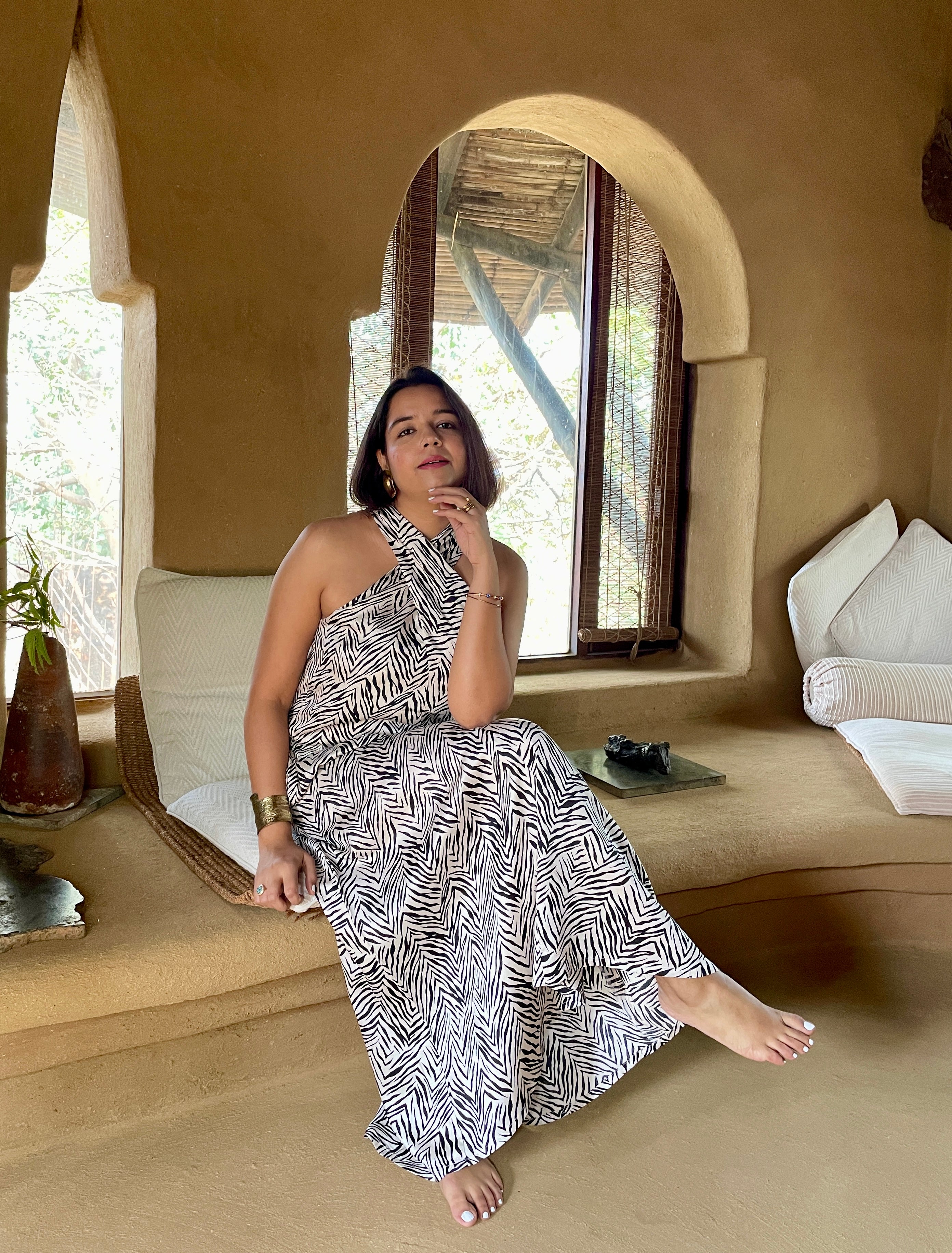 Beige Printed Halter Maxi Dress image 6