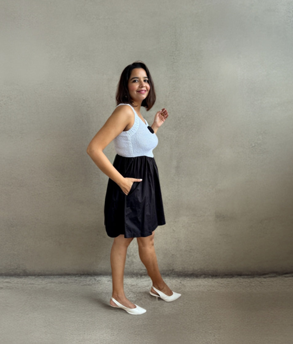 Black & White Smocked Cotton Mini Dress with 3D Flower image 3