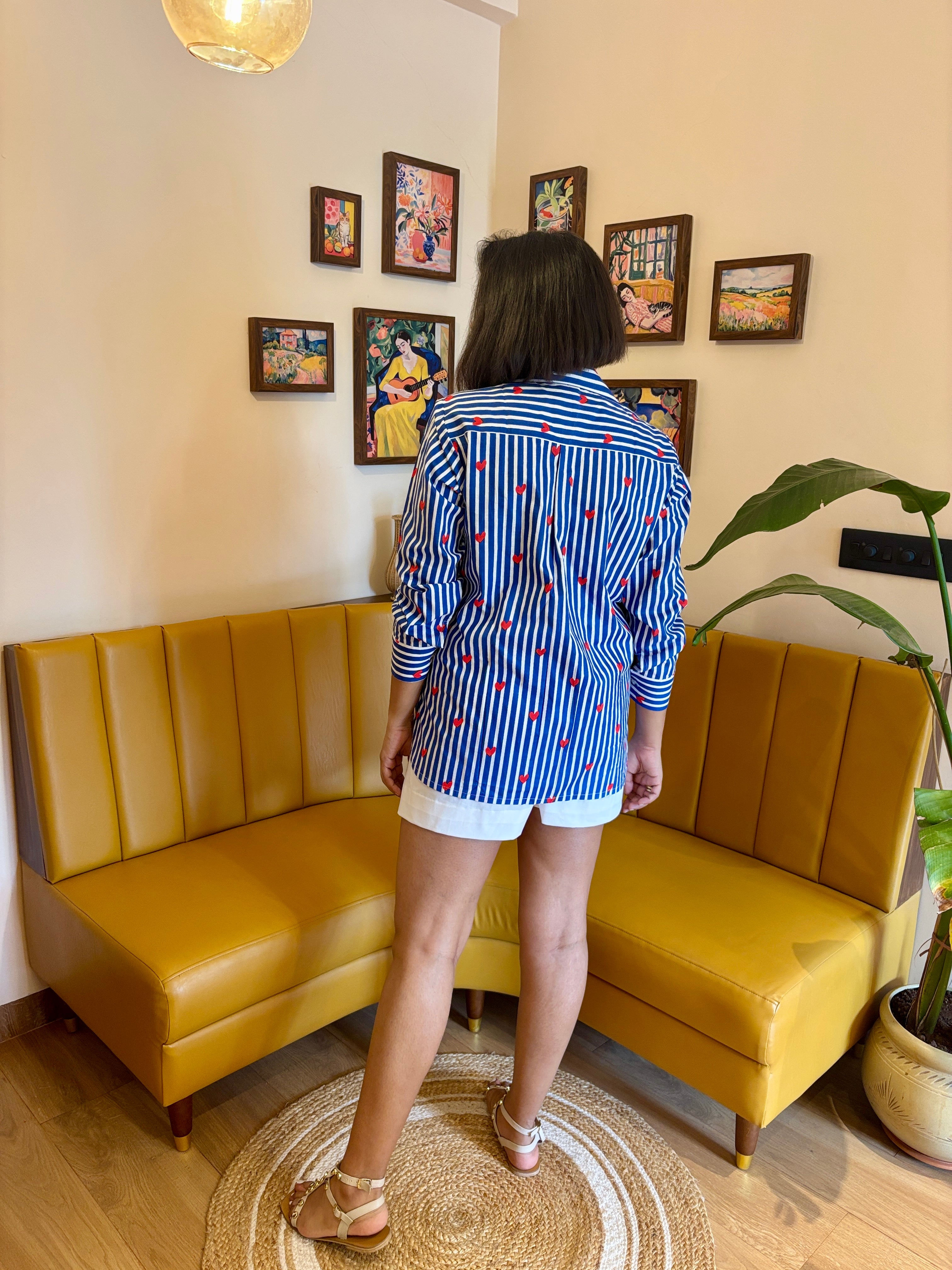 Blue Stripe Heart Print Cotton Shirt for Women