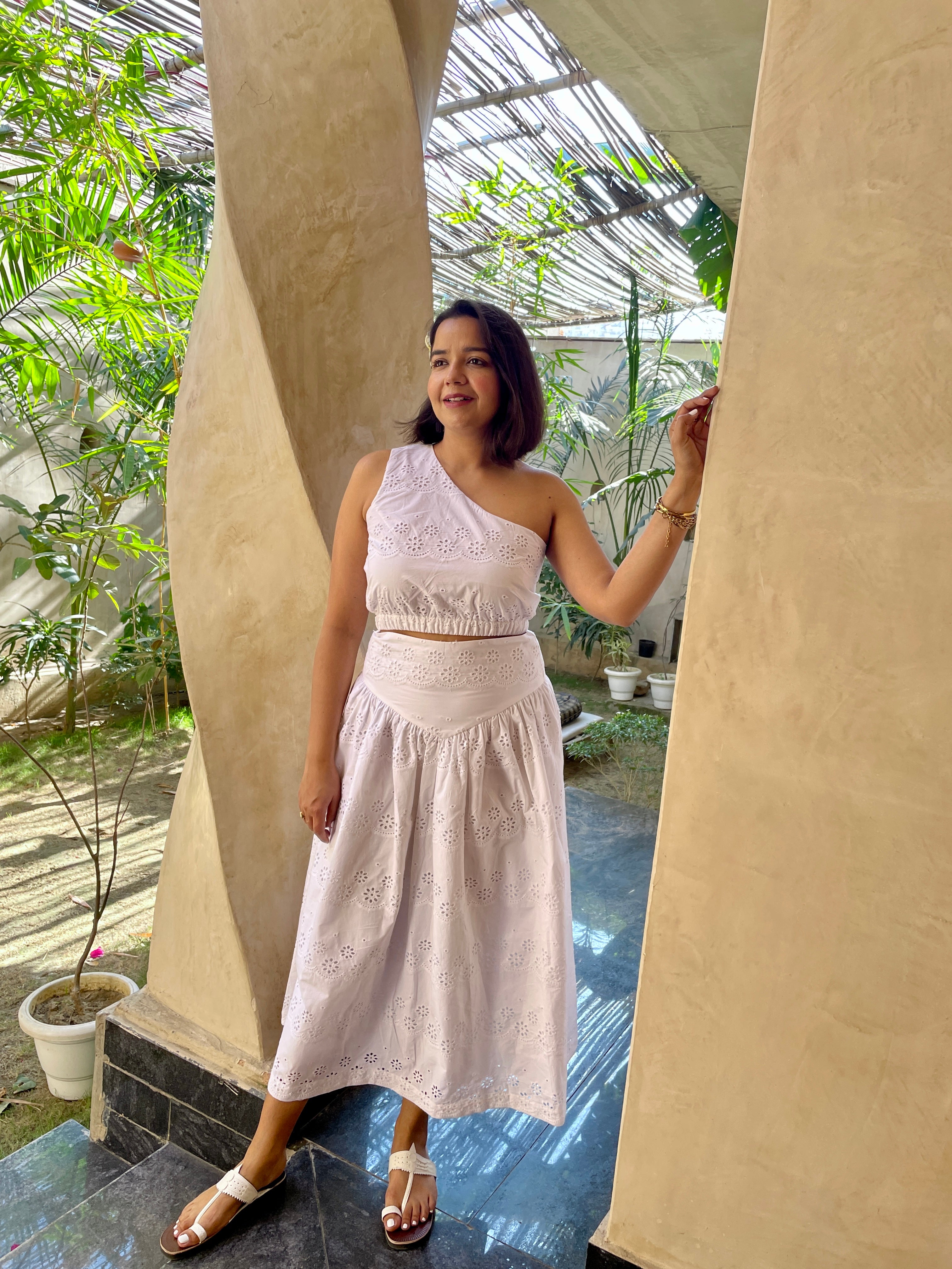 White Schiffli One Shoulder Top and Skirt Coord Set image 5