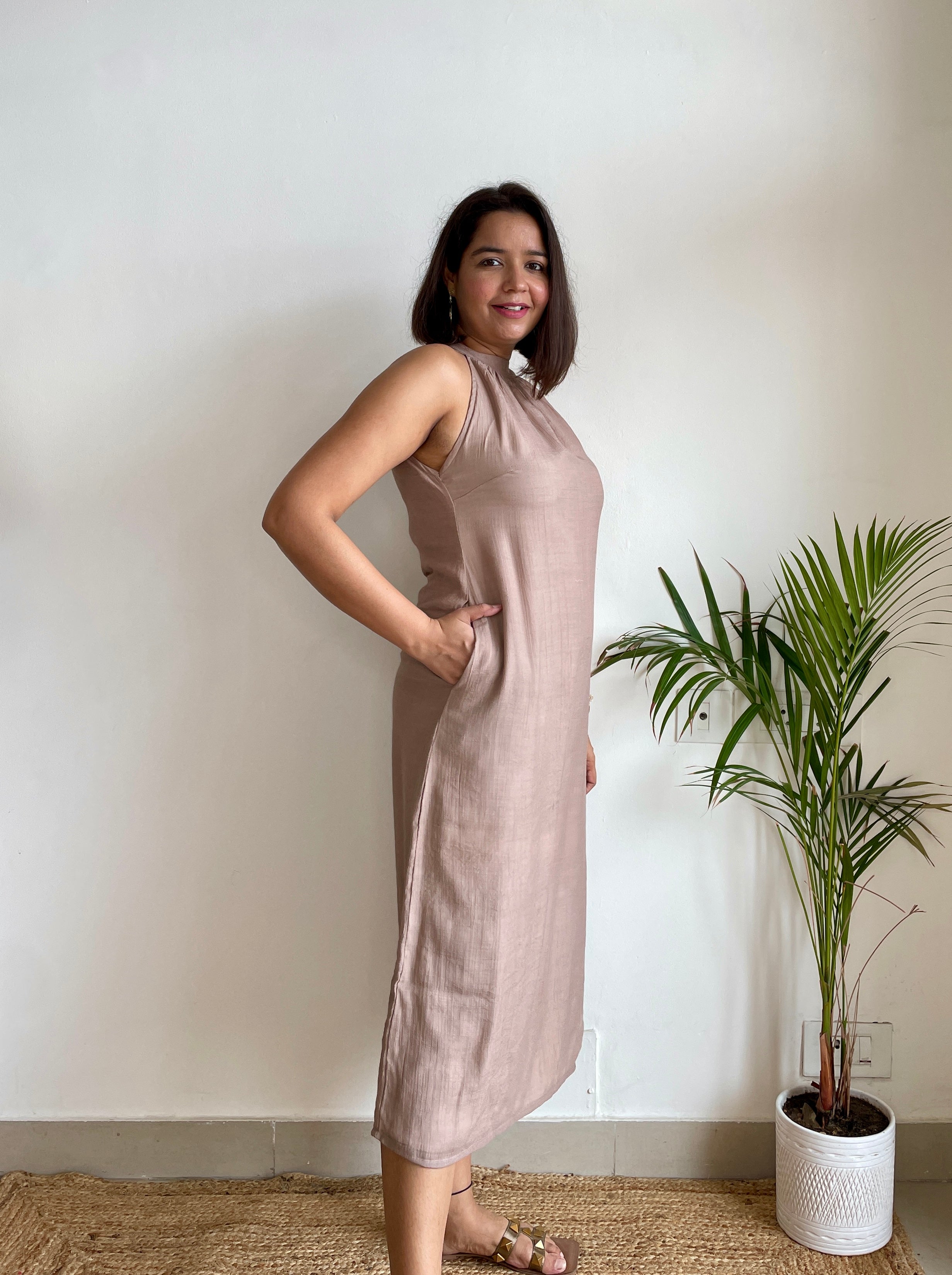 Solid Brown Halter Midi Dress image 4