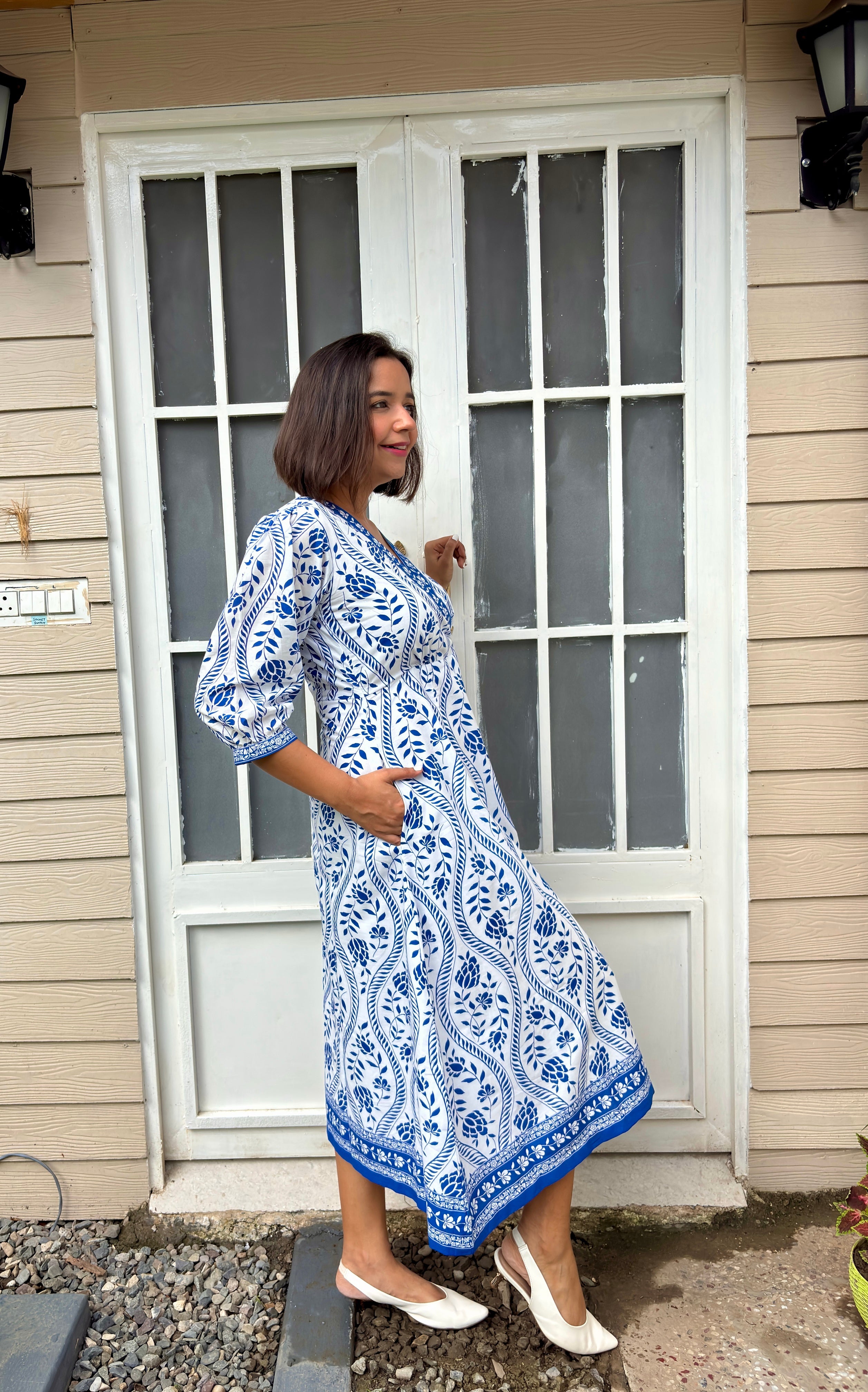 White Blue Printed Cotton Midi Dress image 2
