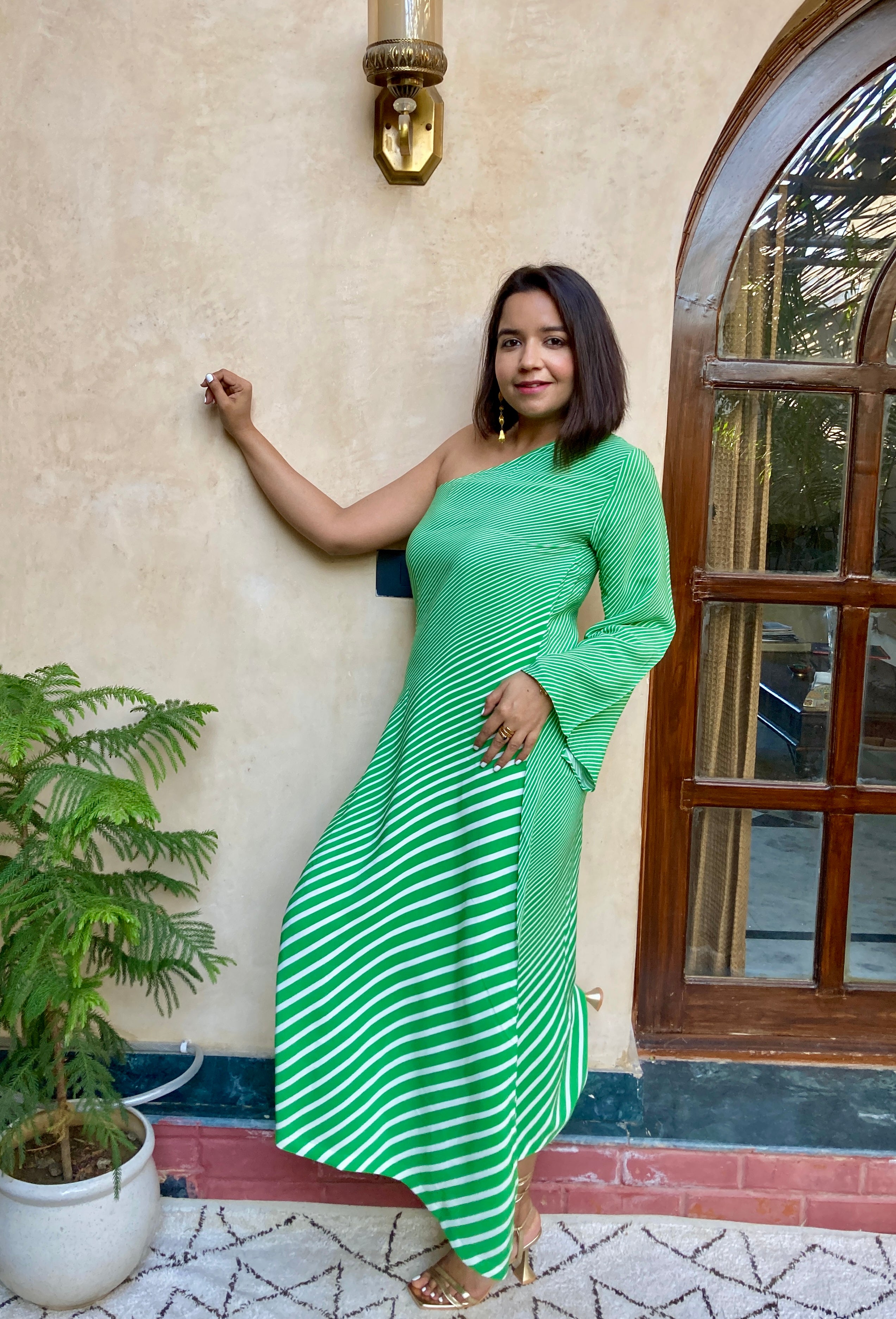 Green Stripe One Shoulder Maxi Dress image 3
