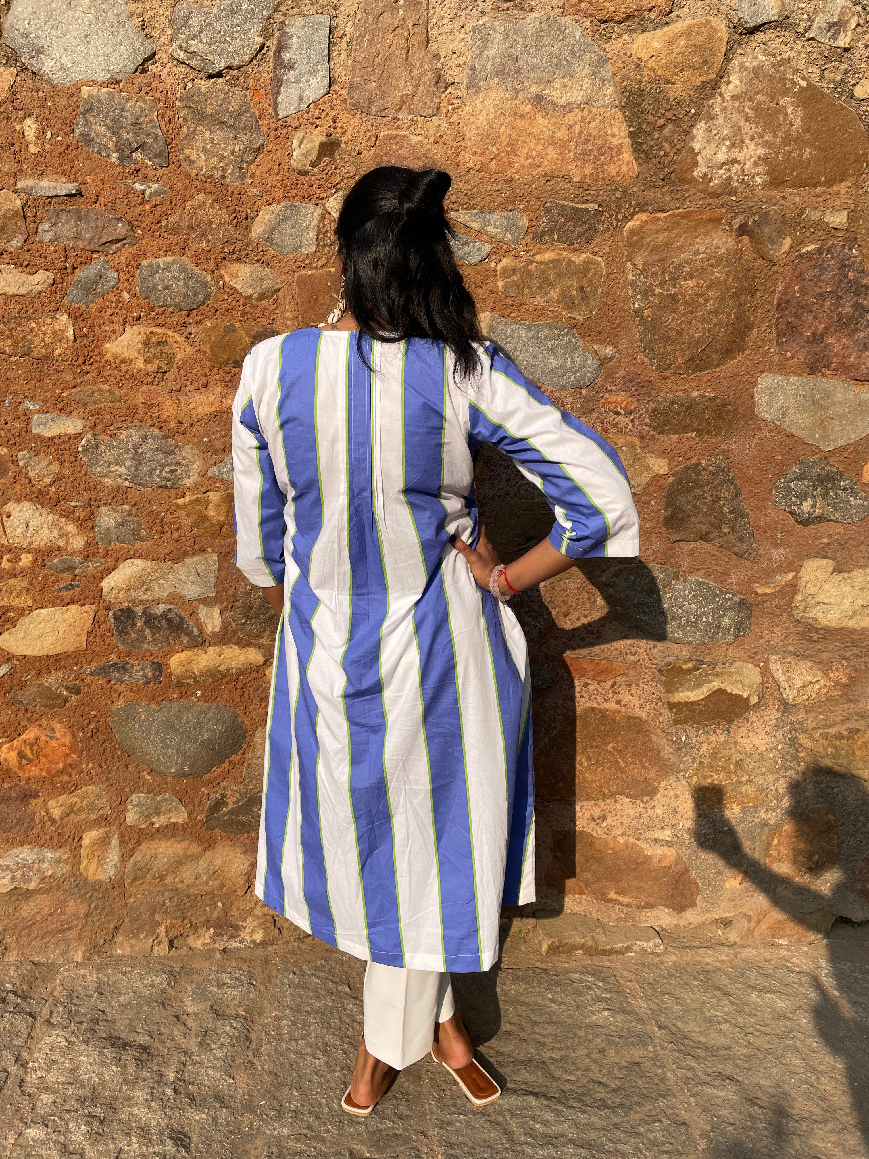 Blue Stripe Pintex A-Line Kurta image 2