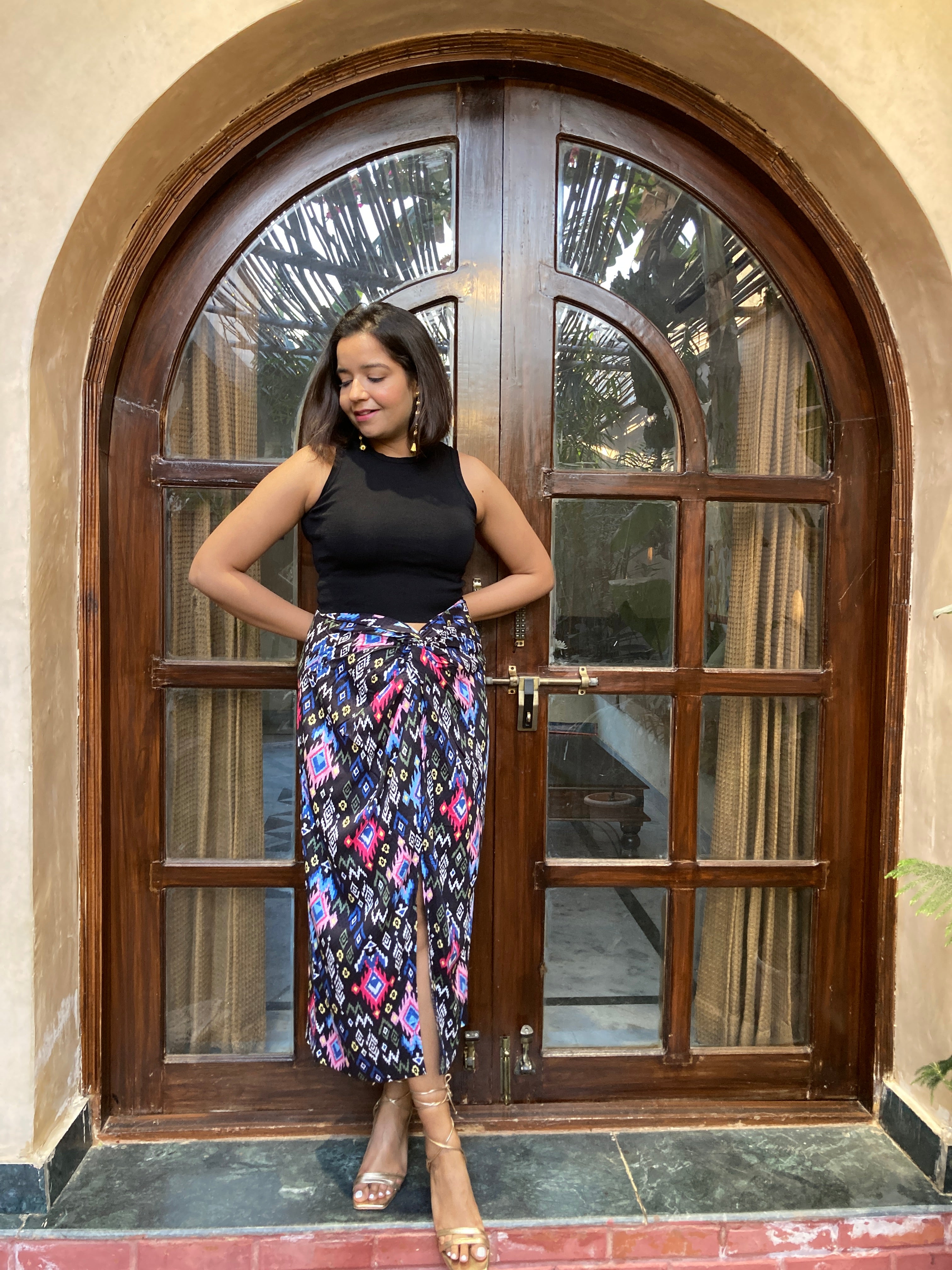 Black Ikat Front Knot Skirt image 3