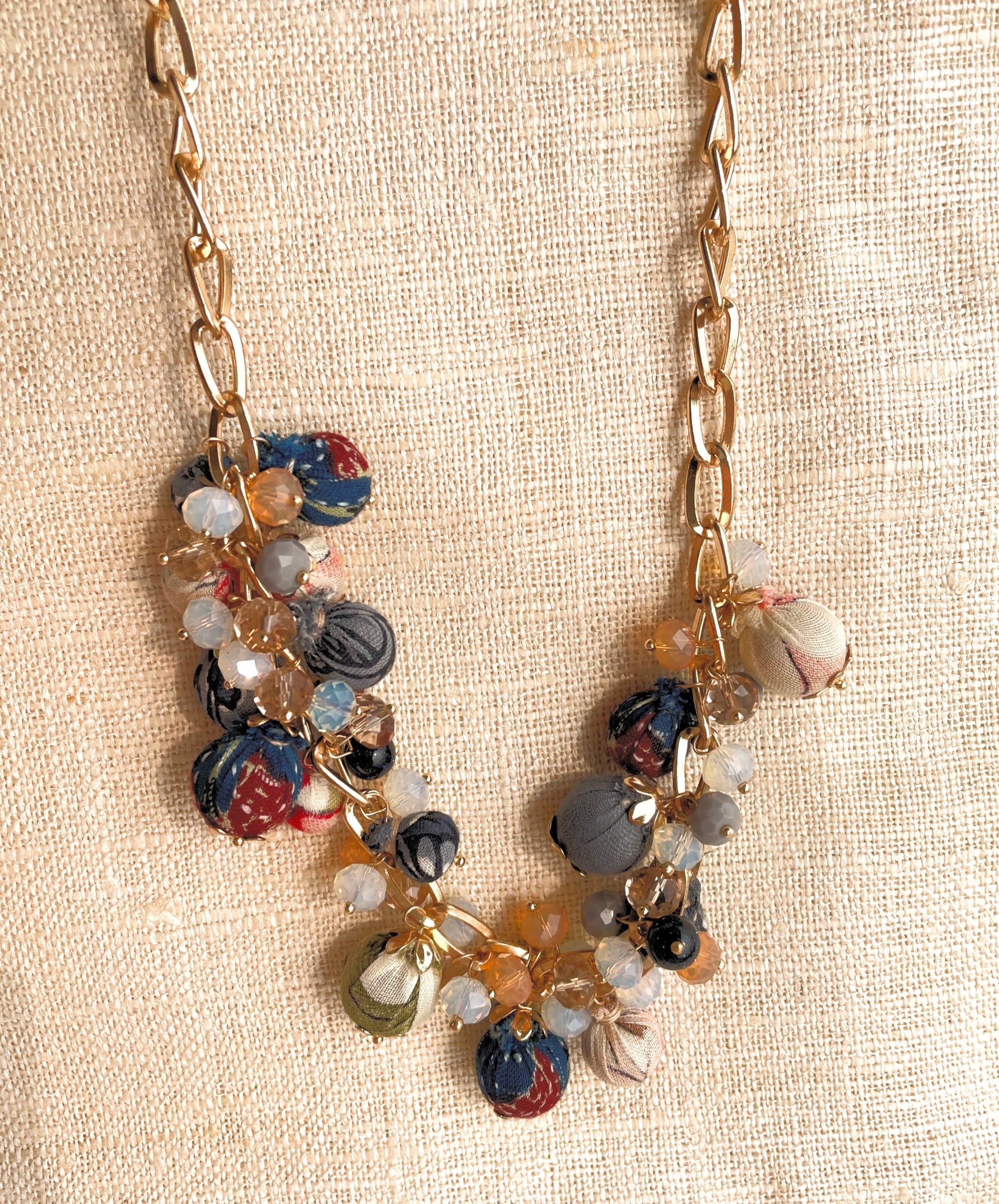 Fabric Wrapped Necklace With Crystal Beads image 1