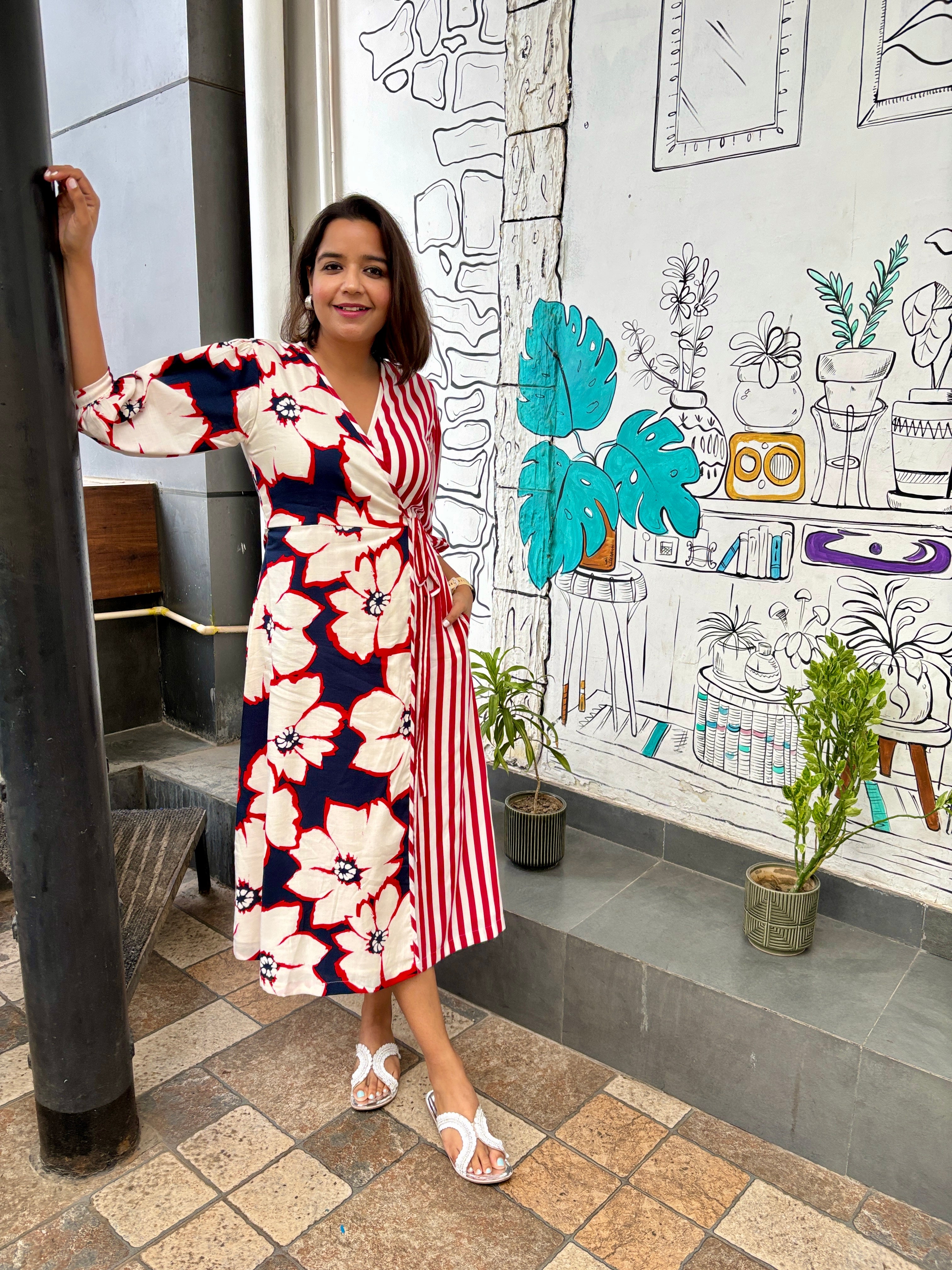 Floral Stripe Wrap Dress with Pockets image 3