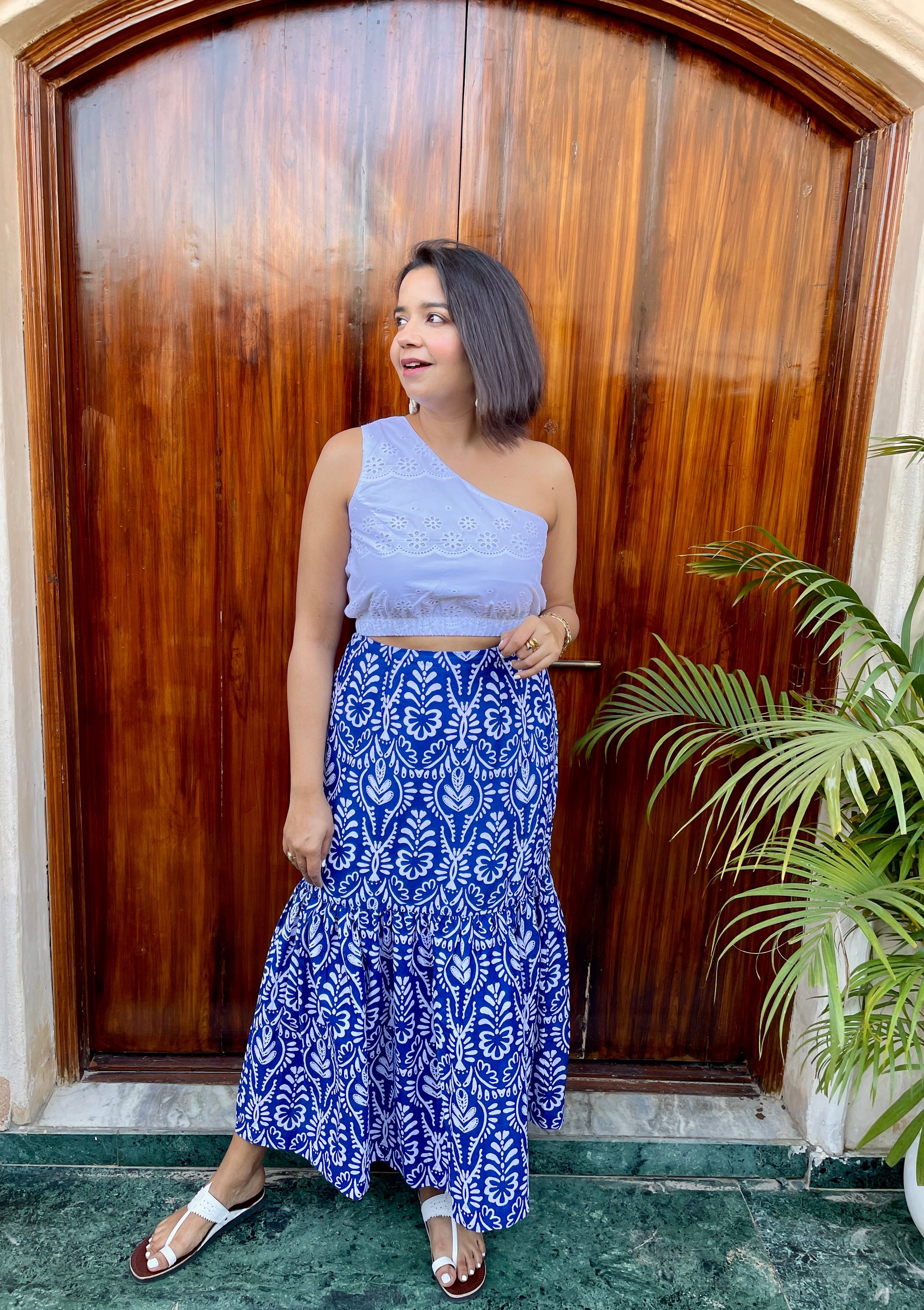 White Schiffli Top and Blue Skirt Coord Set image 5