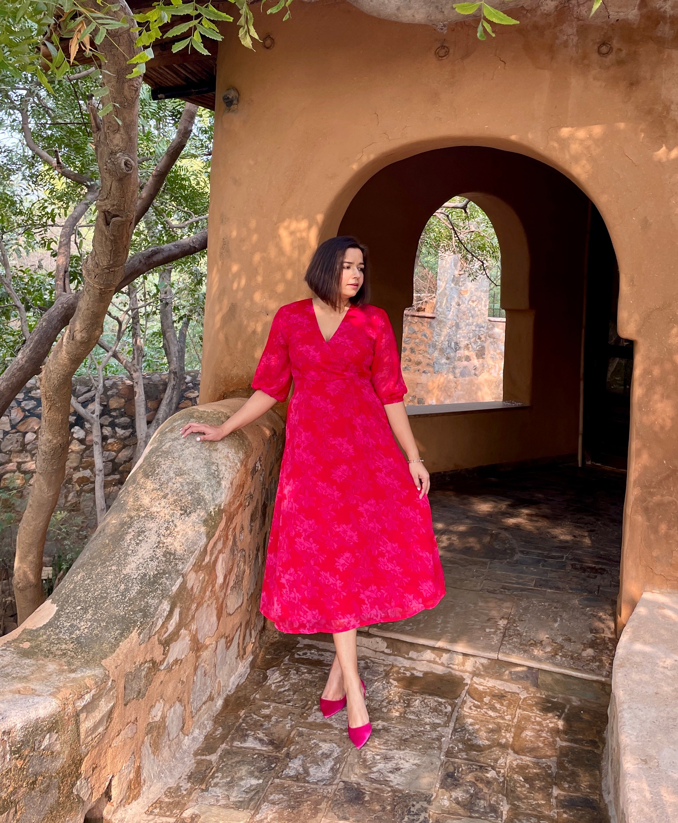 Red Floral Printed Midi Dress image 1