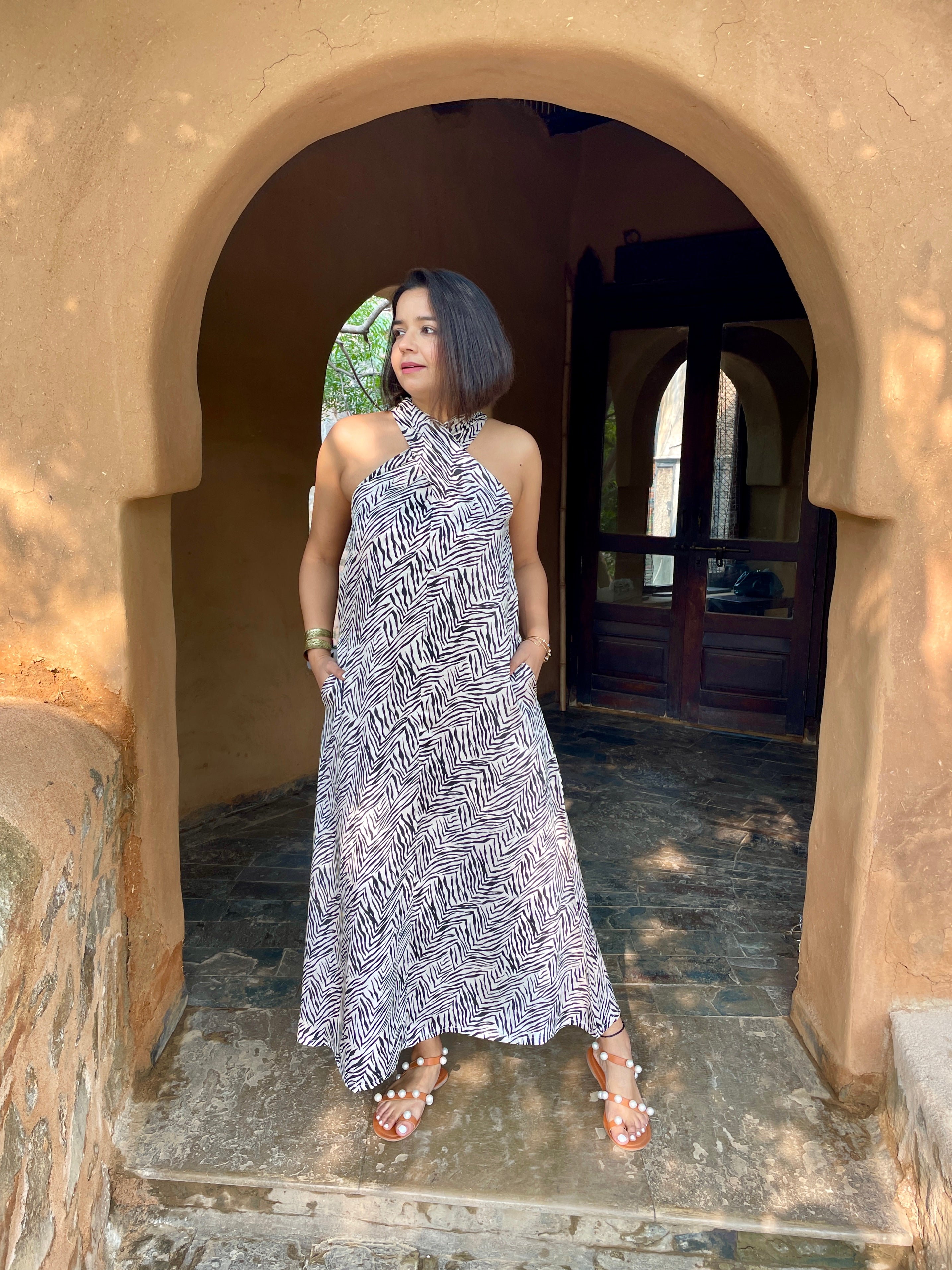 Beige Printed Halter Maxi Dress image 0