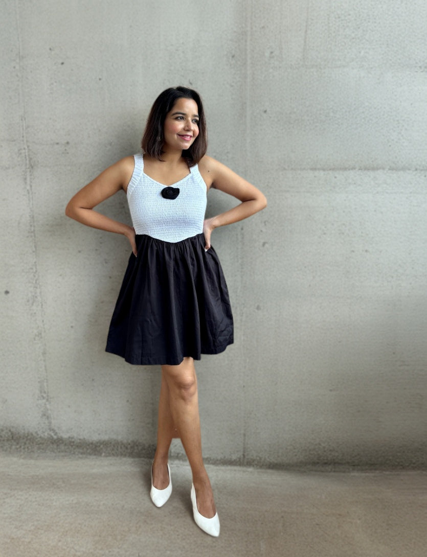 Black & White Smocked Cotton Mini Dress with 3D Flower image 0