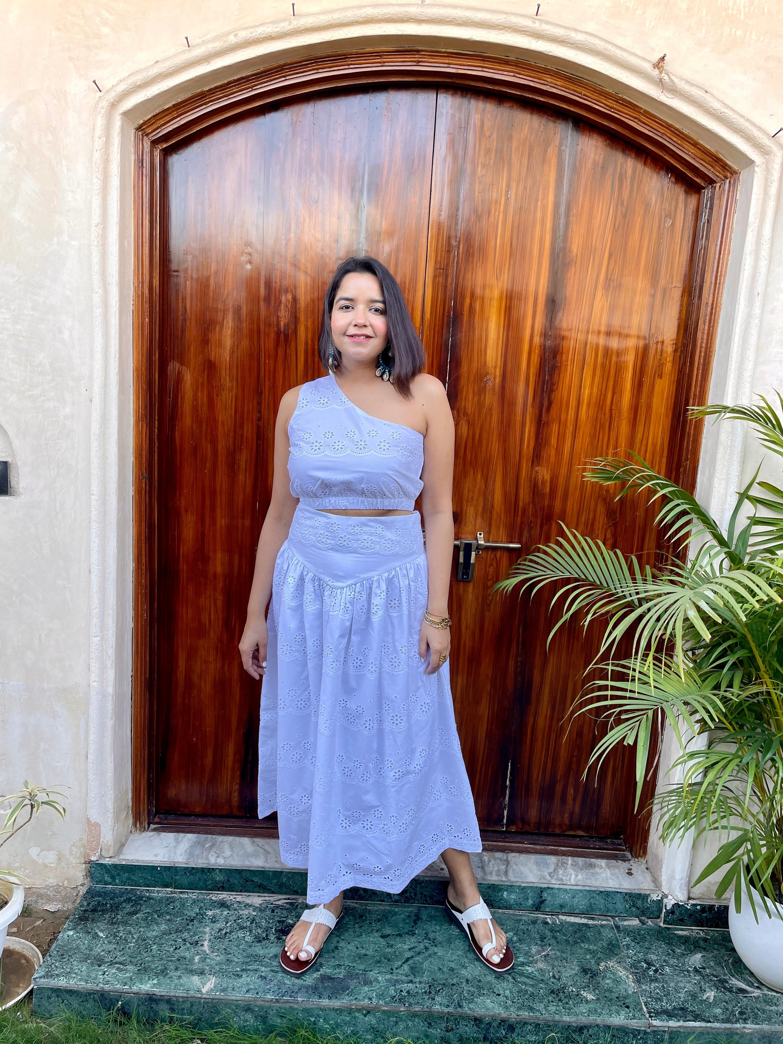 White Schiffli One Shoulder Top and Skirt Coord Set image 10