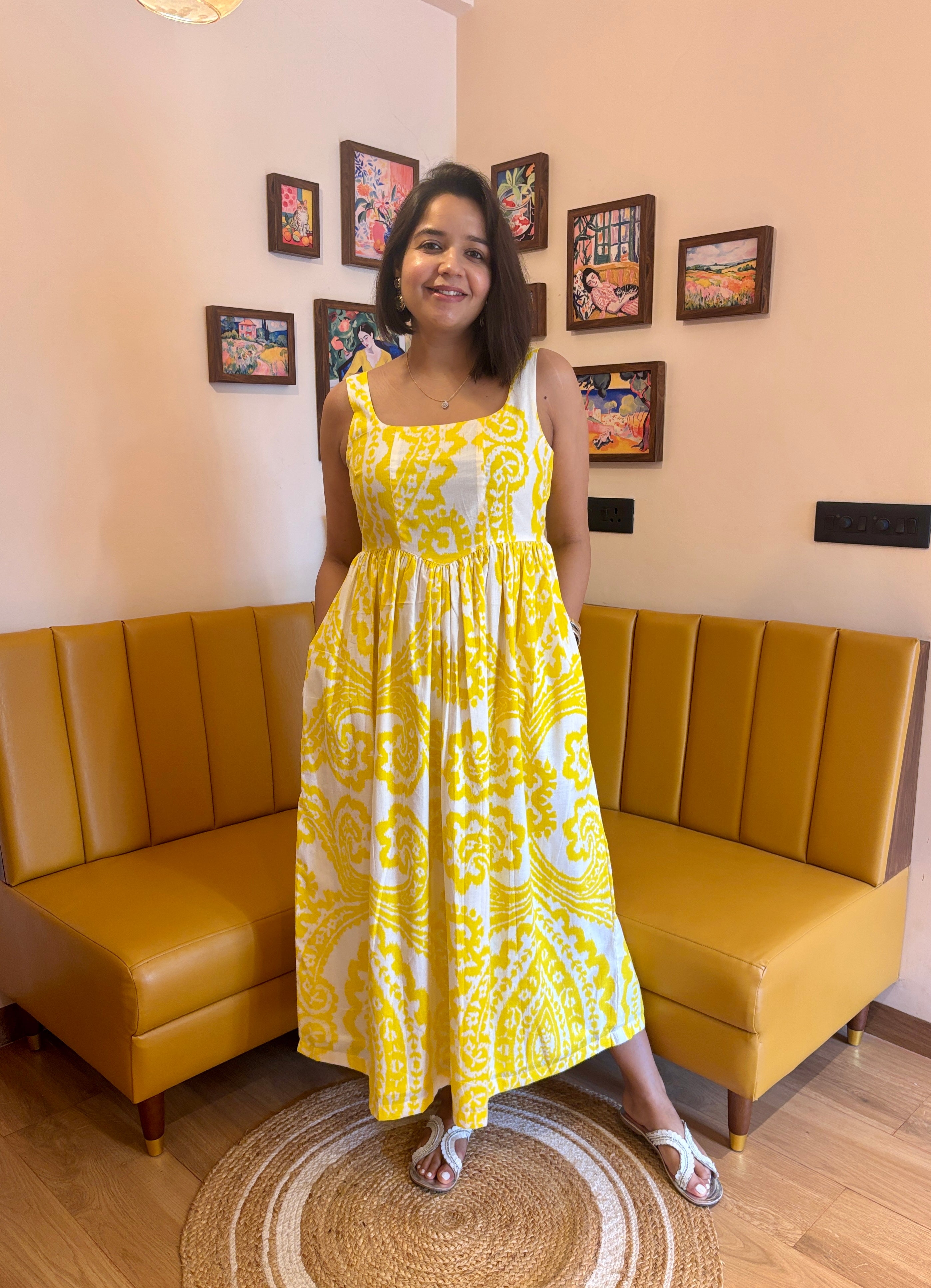 Yellow Printed Cotton Maxi Dress for Women