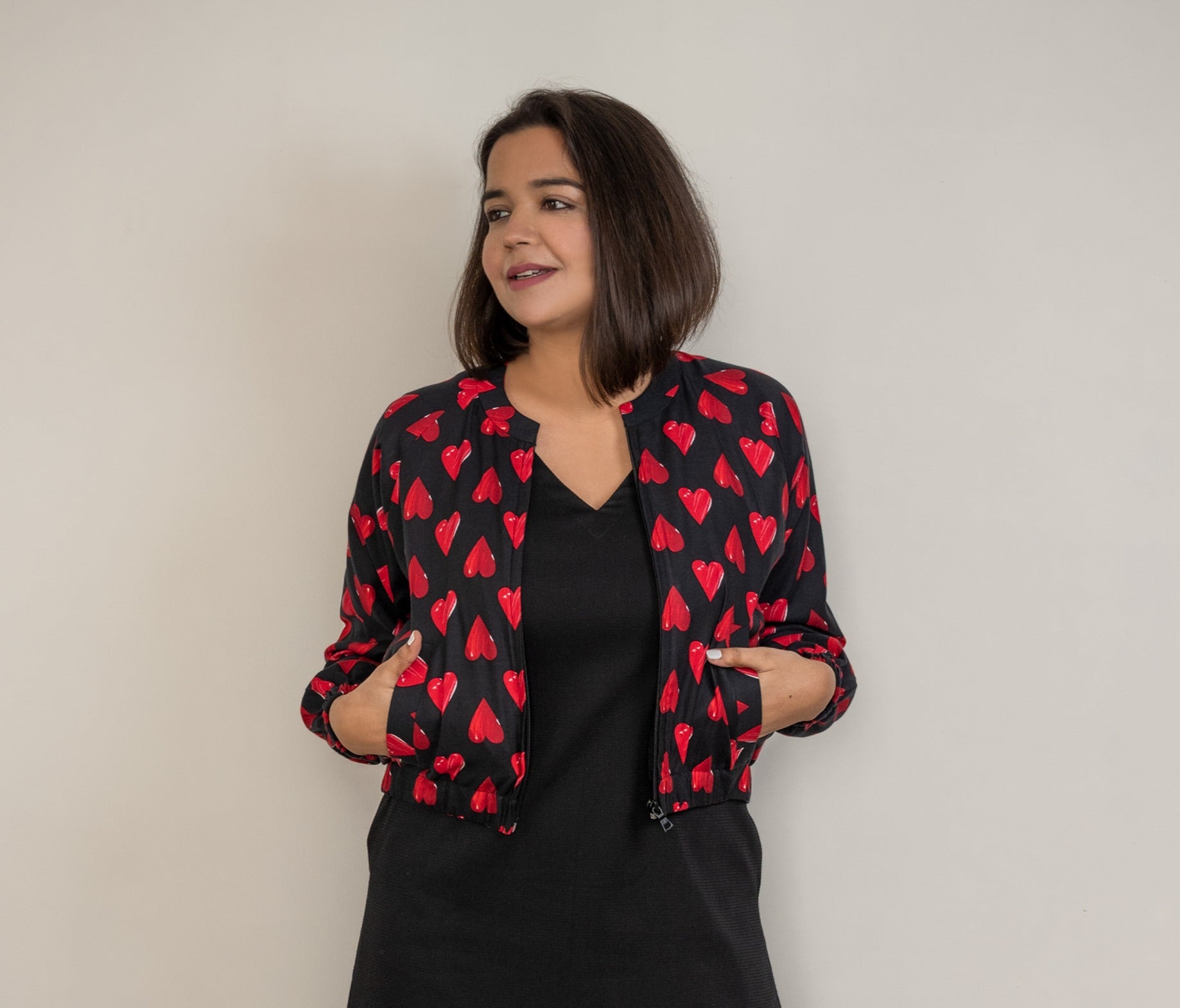 Black Red Heart Cotton Bomber Jacket image 0