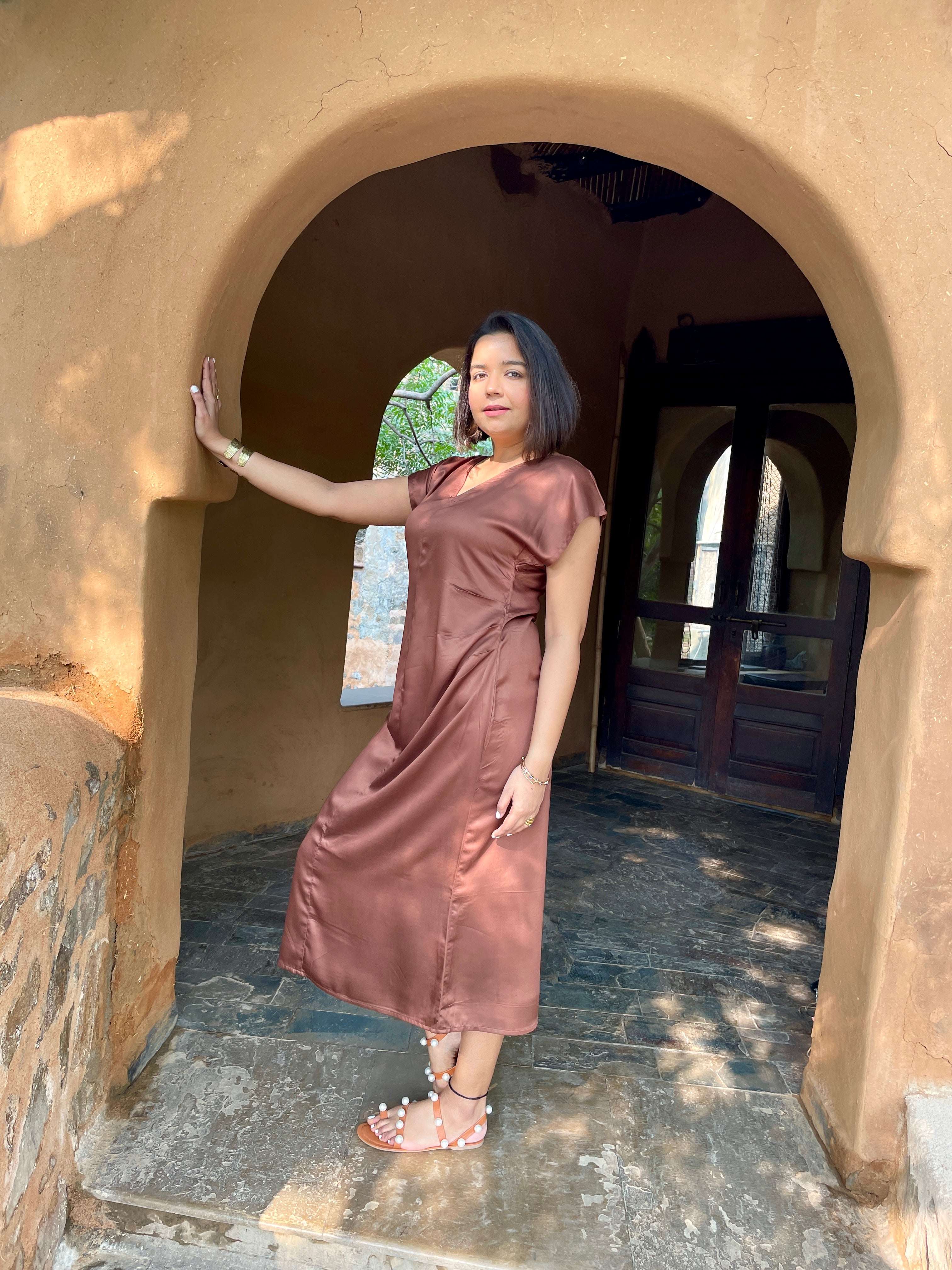 Brown Satin Midi Dress image 4