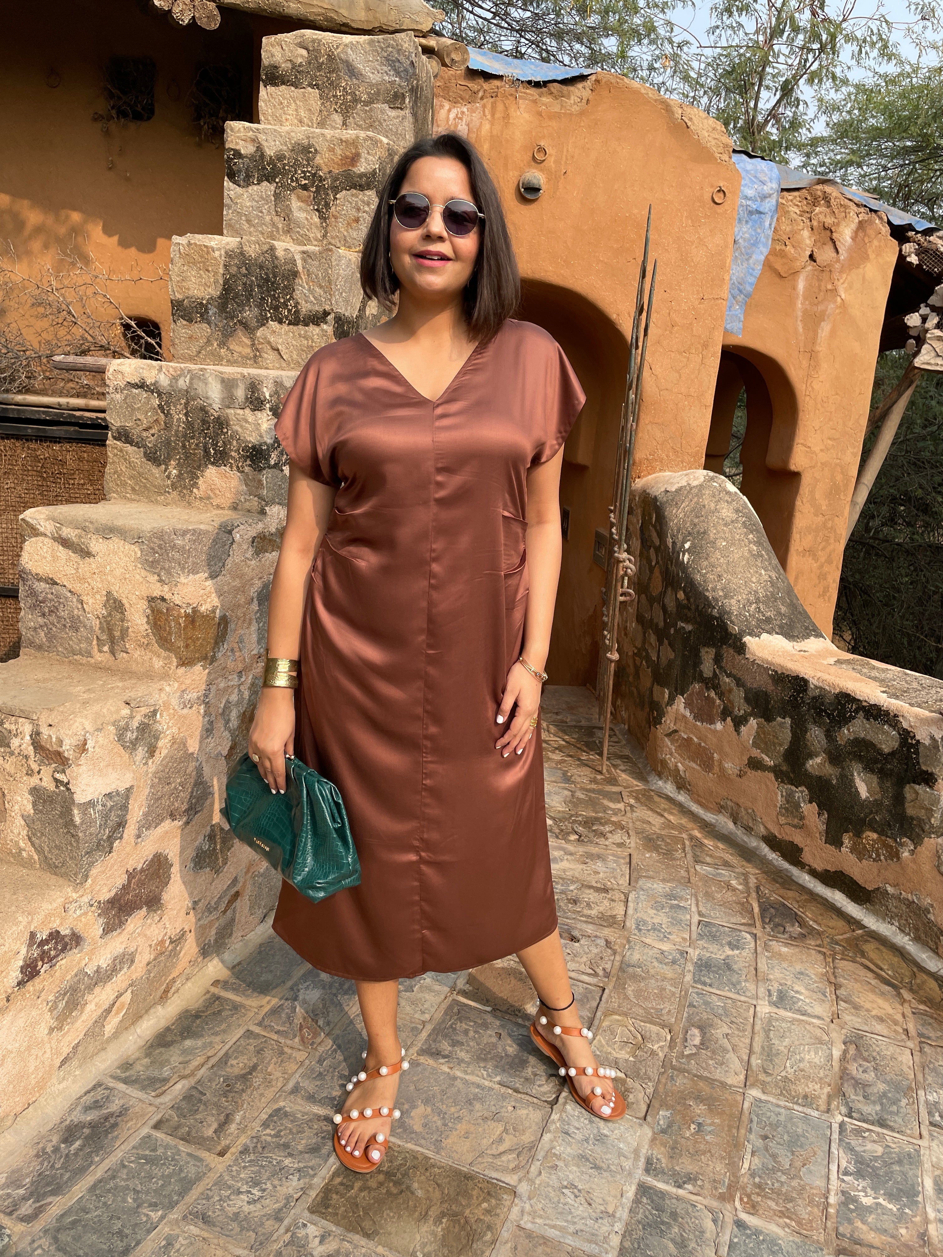 Brown Satin Midi Dress image 6