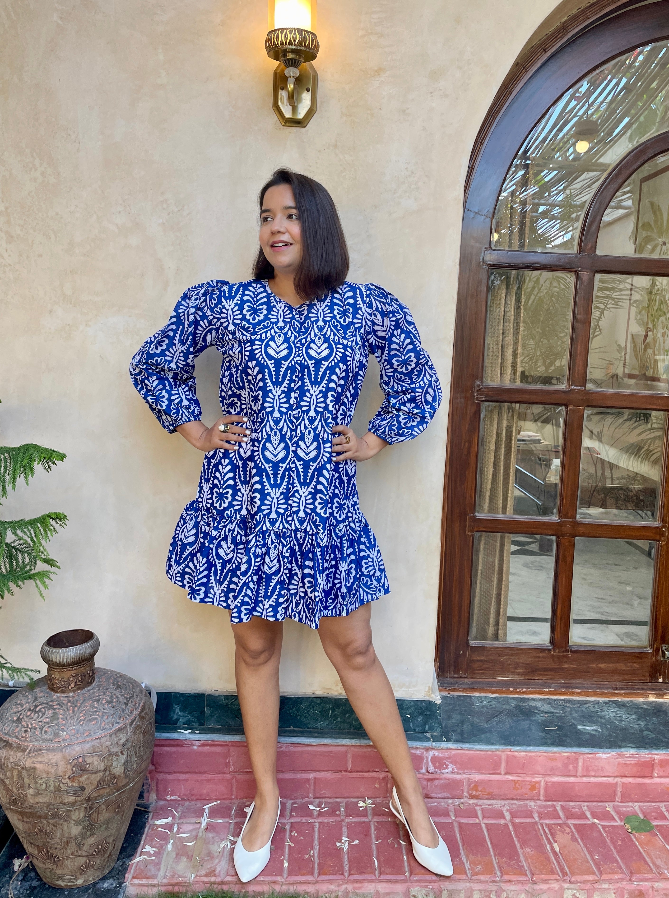 Blue and White Flounce Hem Mini Dress image 1