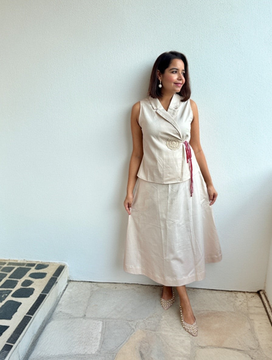 Beige Wrap Top with Lapel Collar & Crochet Detail image 3