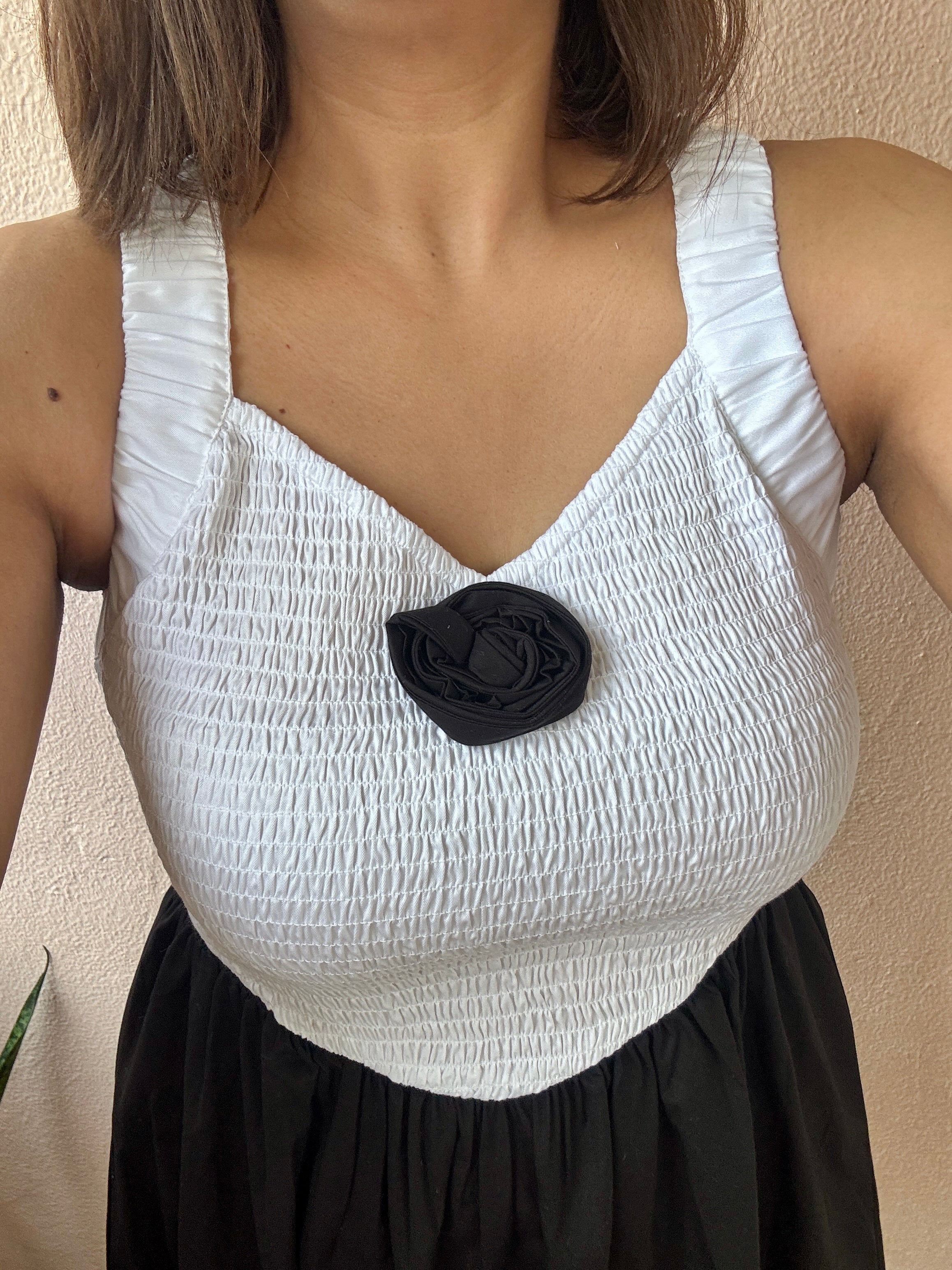 Black & White Smocked Cotton Mini Dress with 3D Flower image 1