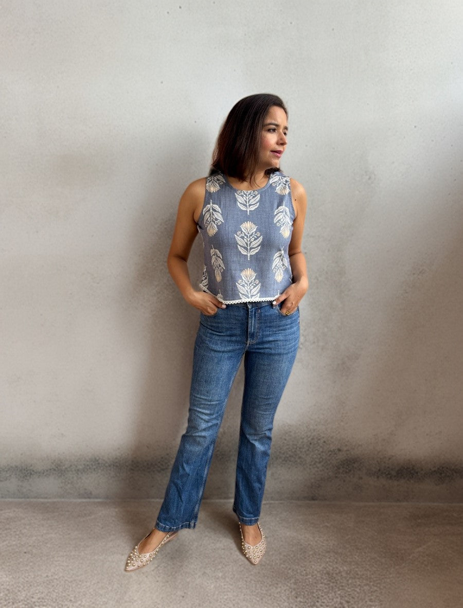 Blue Cotton Crop Top with Lace Detail & Keyhole Back image 0