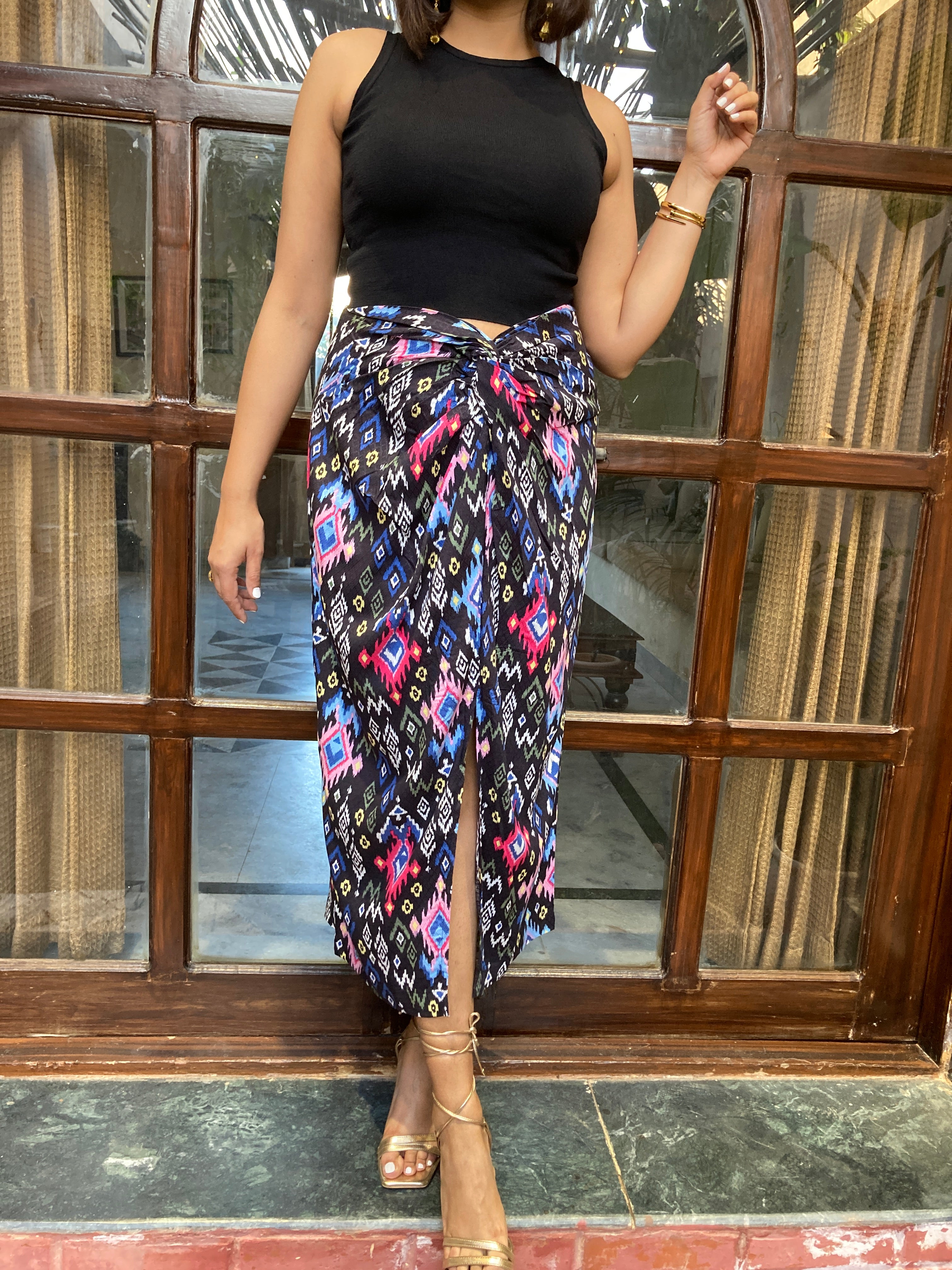 Black Ikat Front Knot Skirt image 1