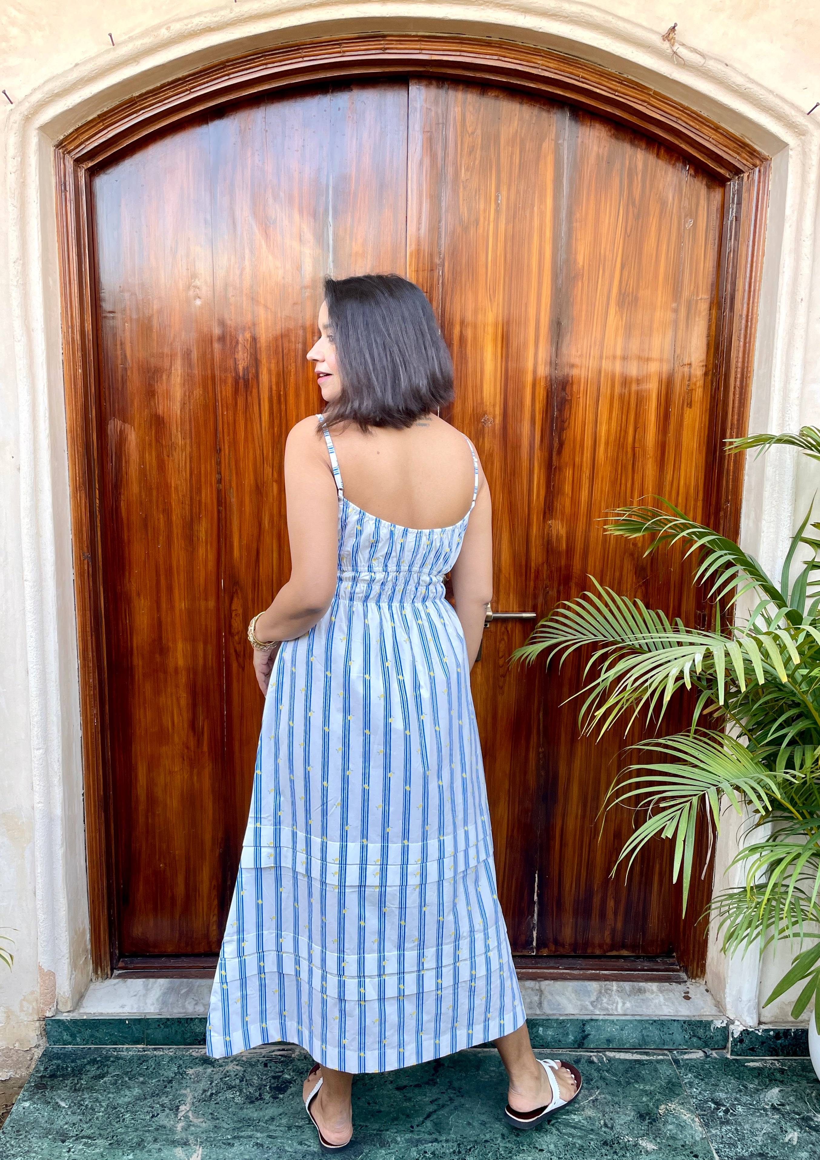 White Stripe Cinched Waist Midi Dress image 4