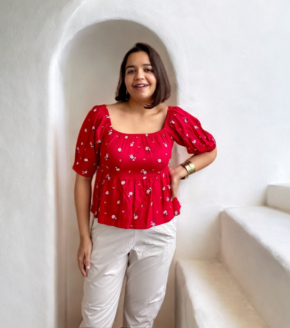 Red Flower Smocked Top image 1