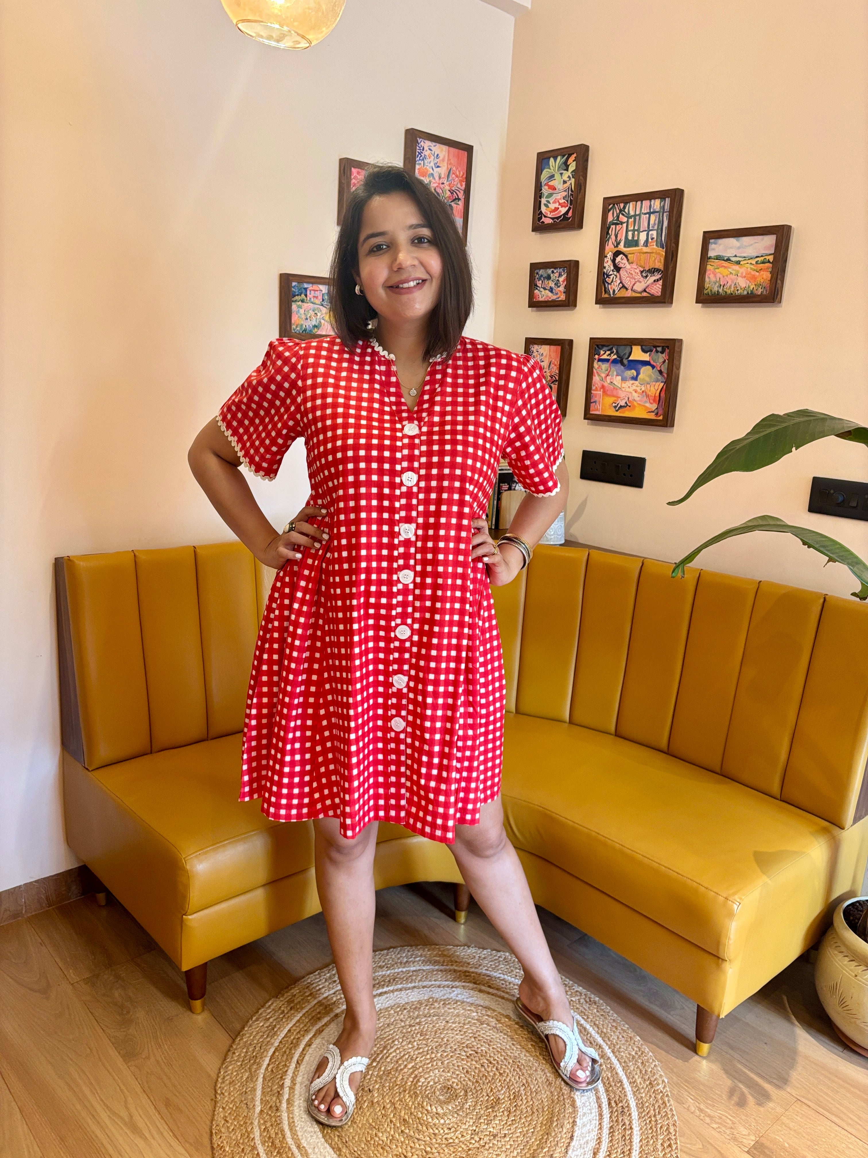 Red Gingham Cotton A Line Dress