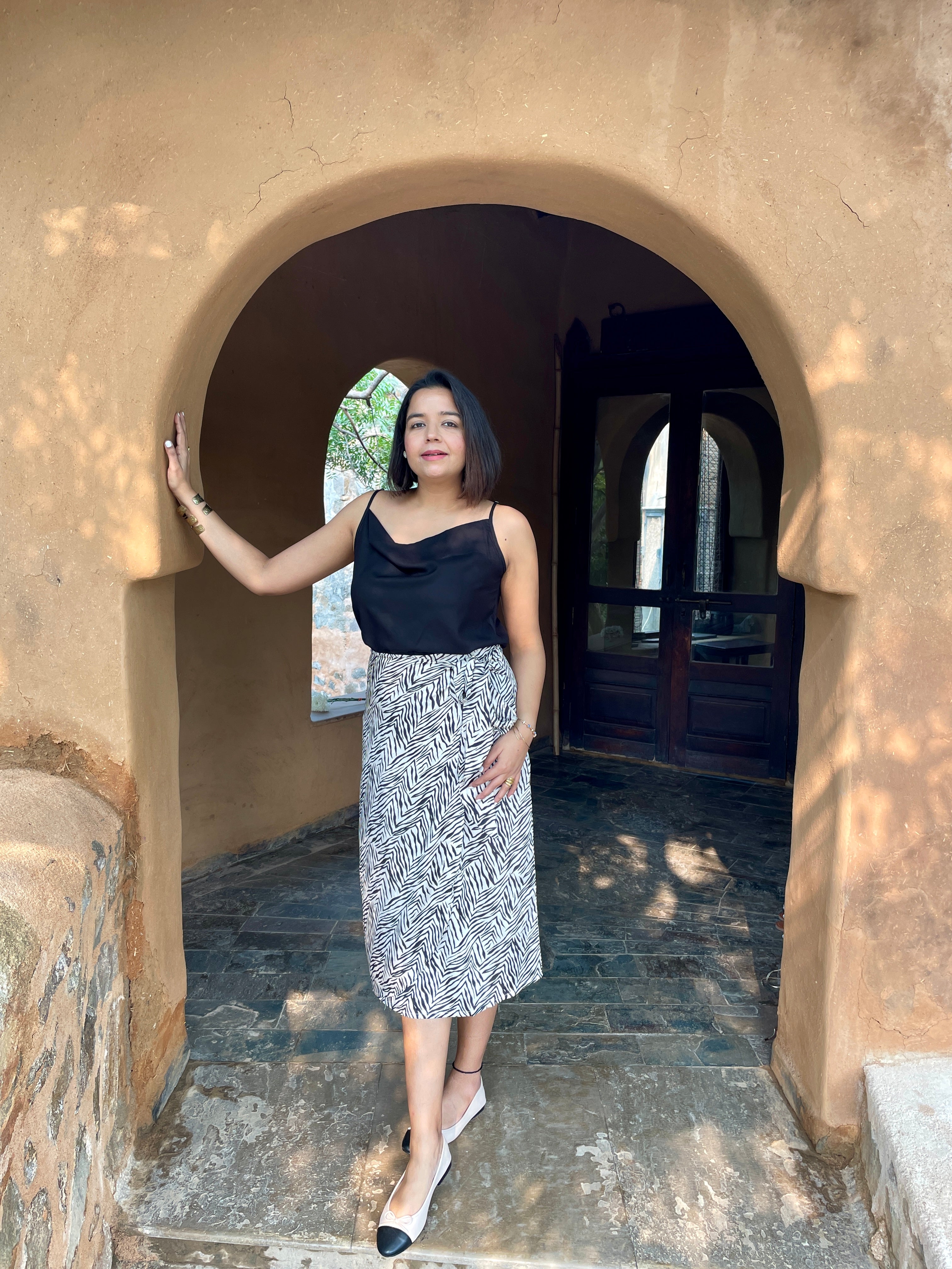 Beige Black Printed Midi Skirt image 3