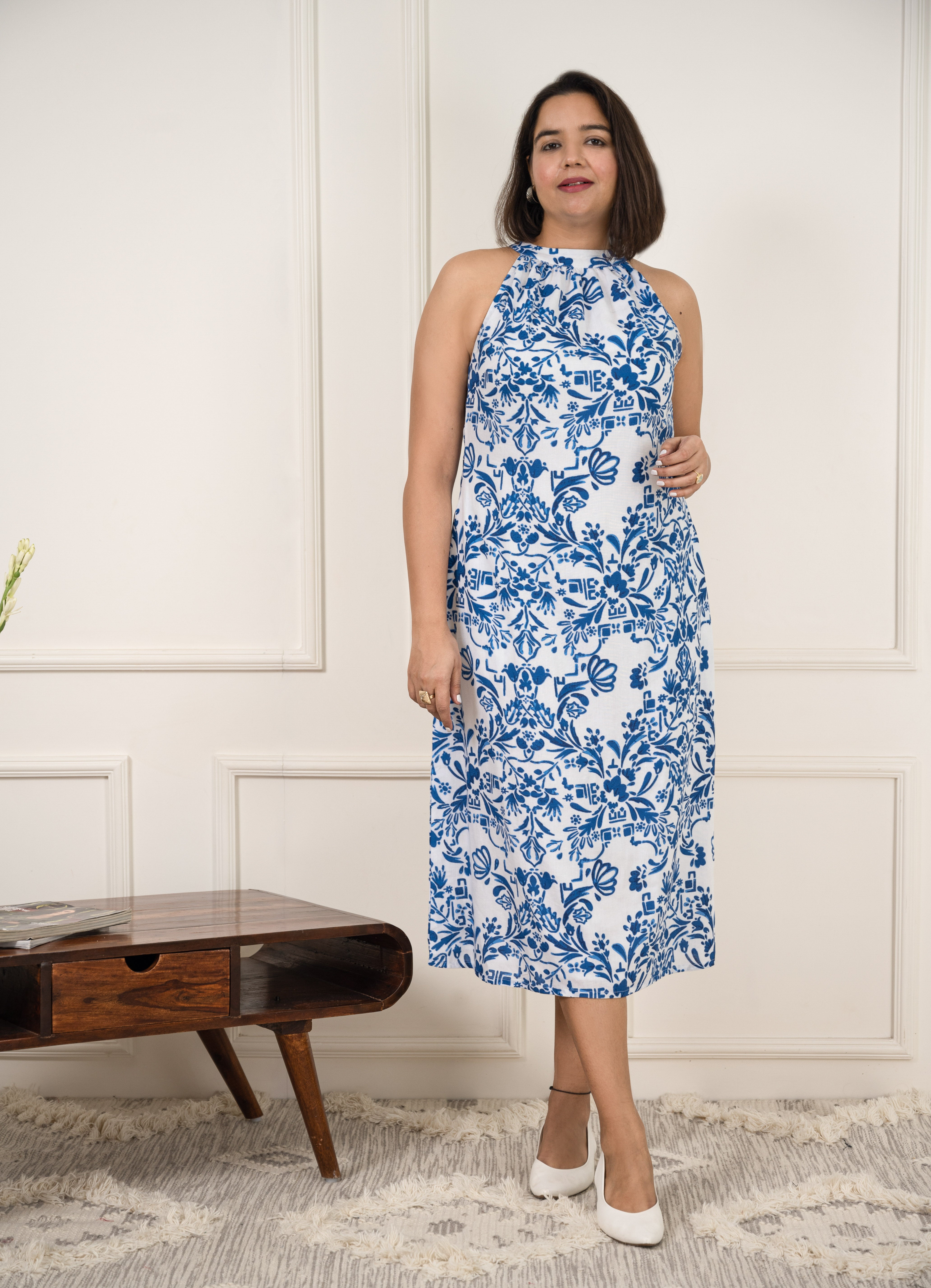 White Printed Halter Midi Dress image 1