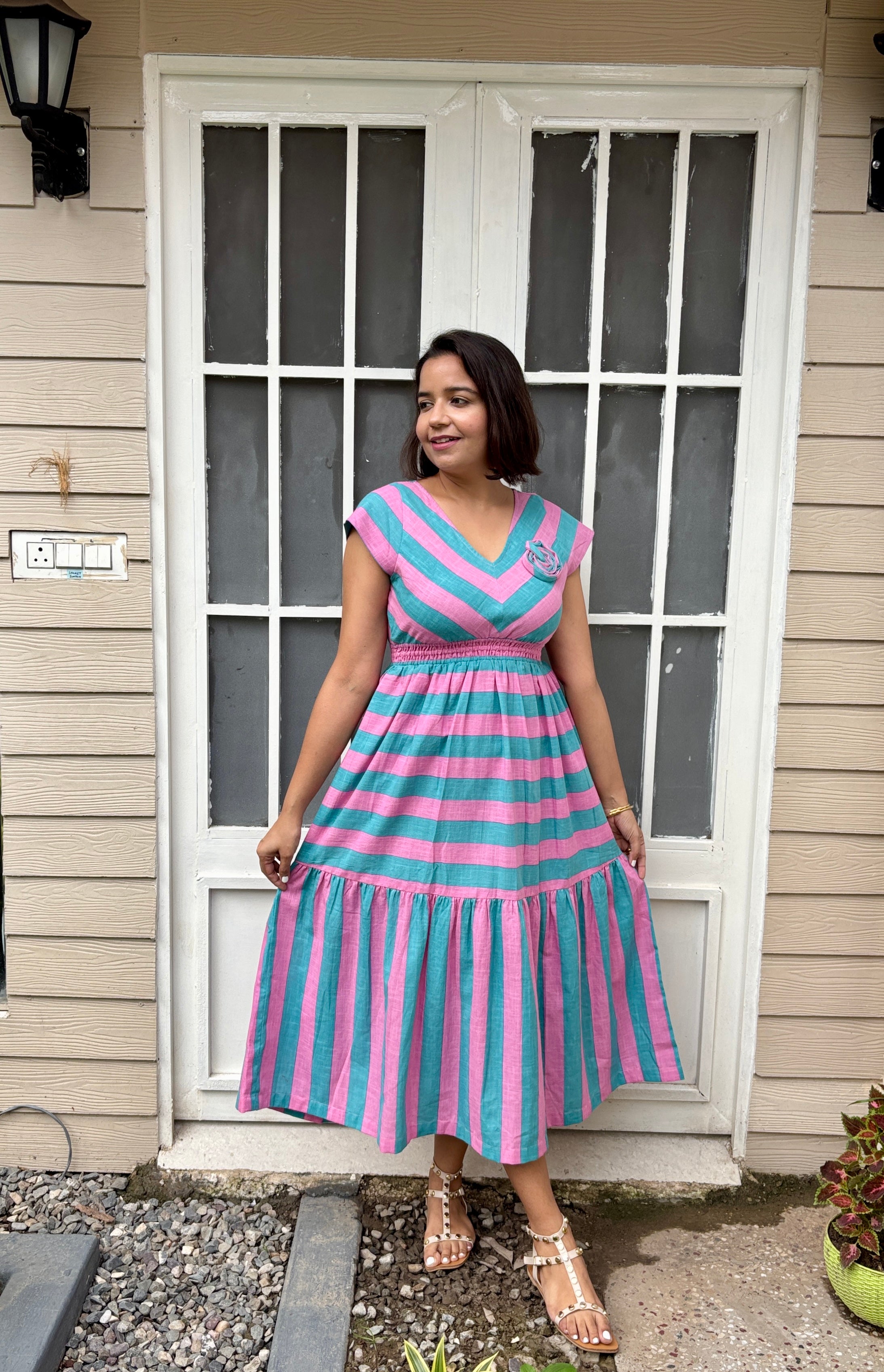 Striped Cotton Linen Midi Dress with 3D Flower image 3