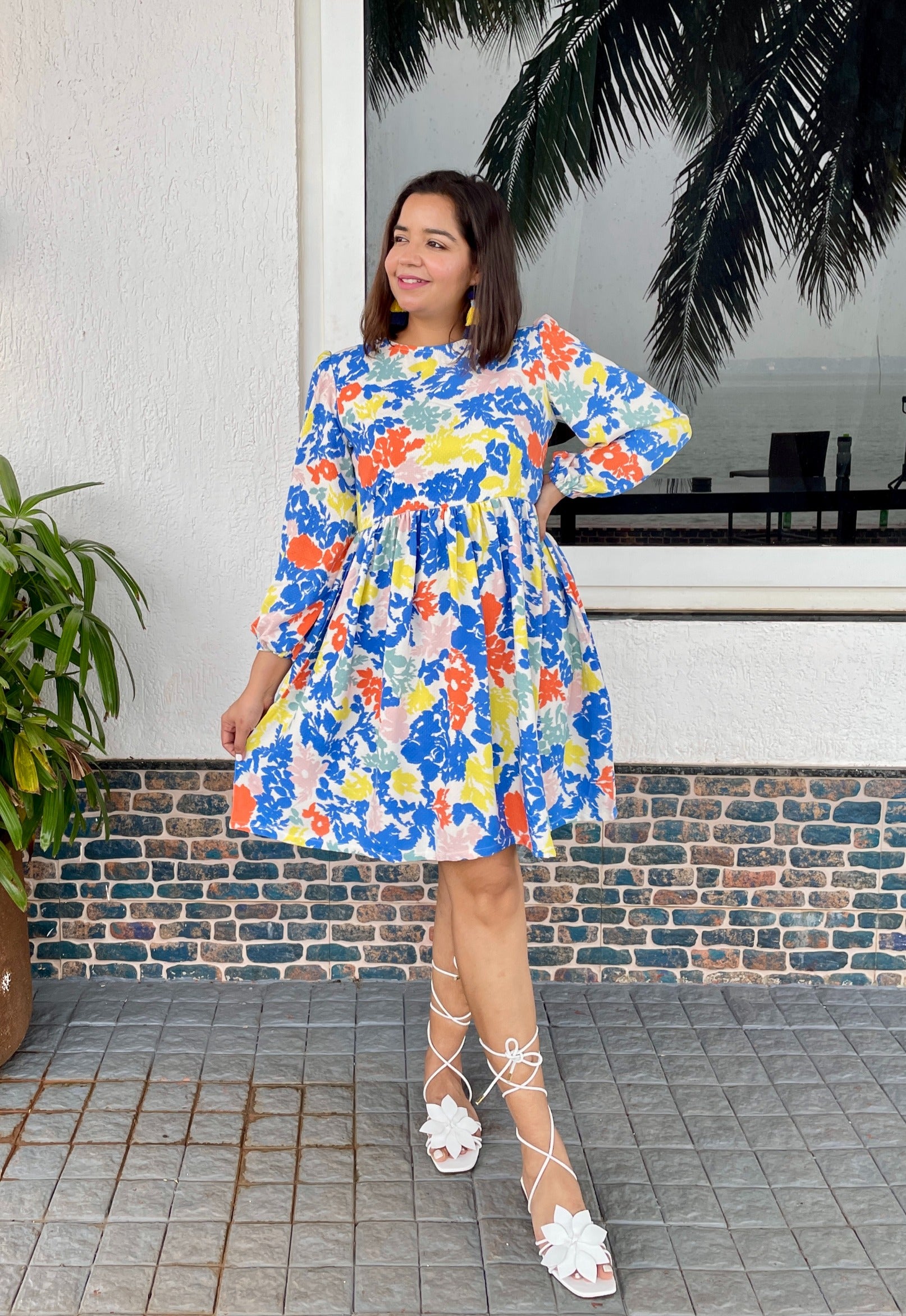 Multicolor Balloon Sleeves Skater Dress image 0