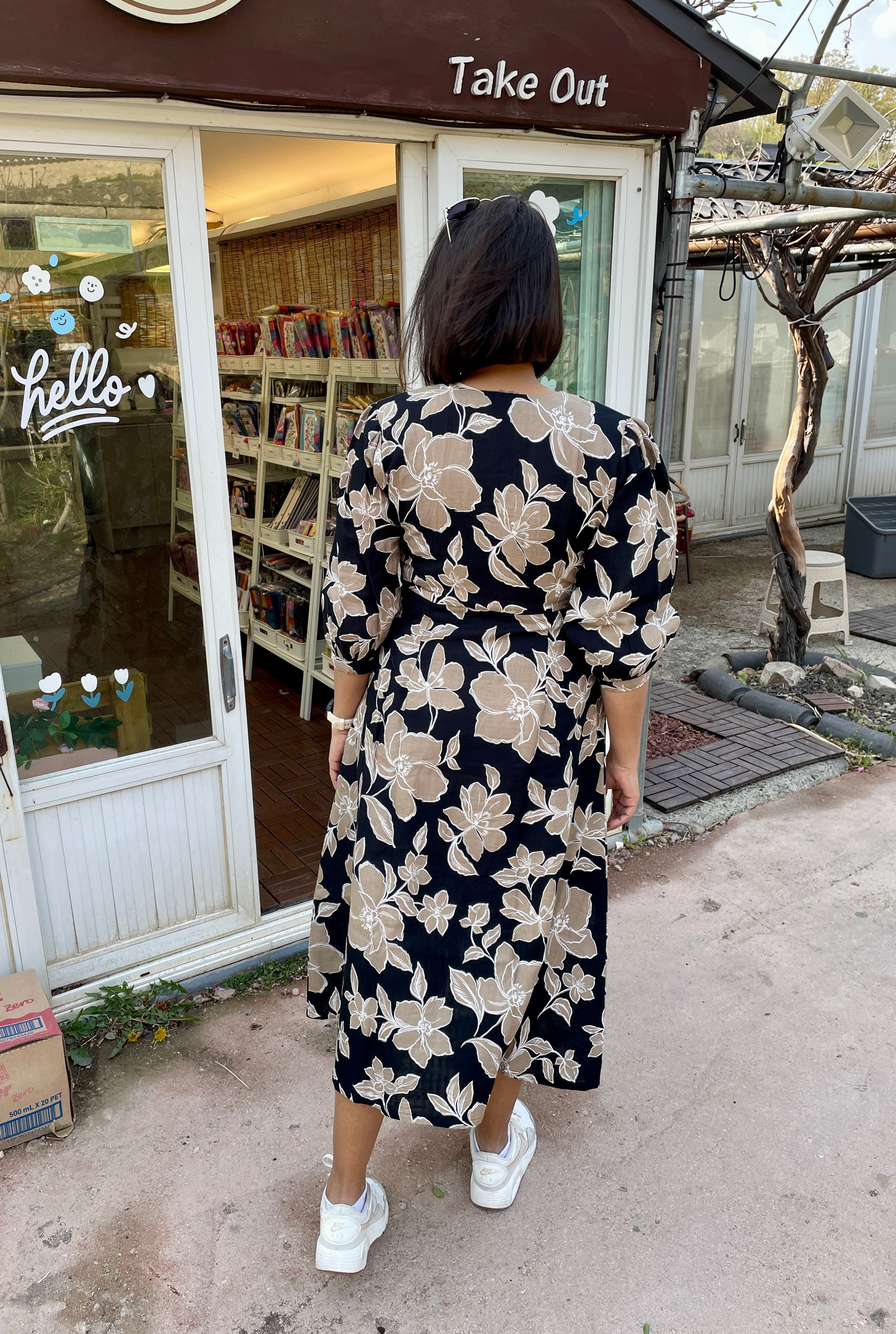 Beige Black Floral Midi Dress image 3