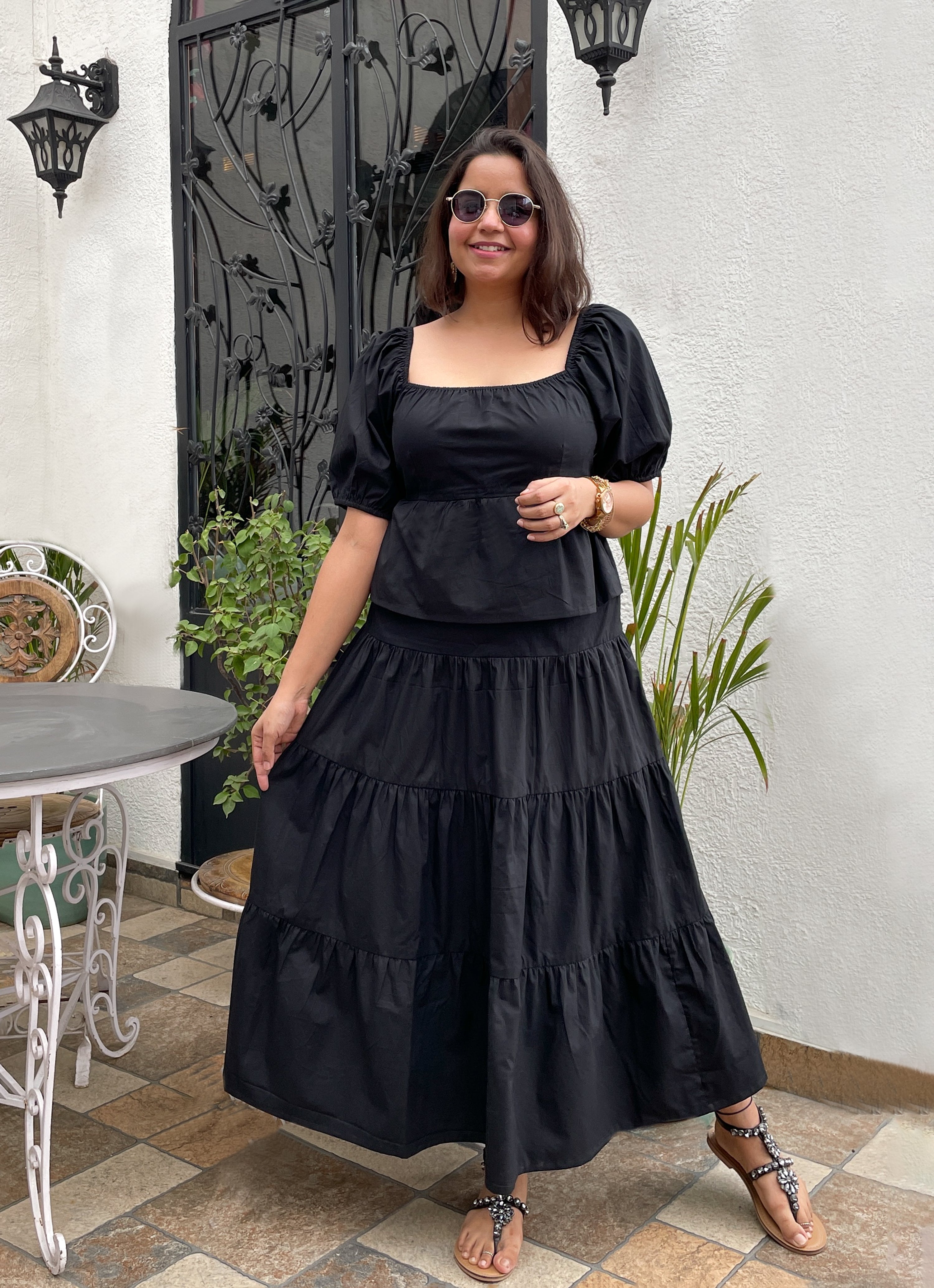 Black Cotton Tiered Skirt Co-ord Set image 2